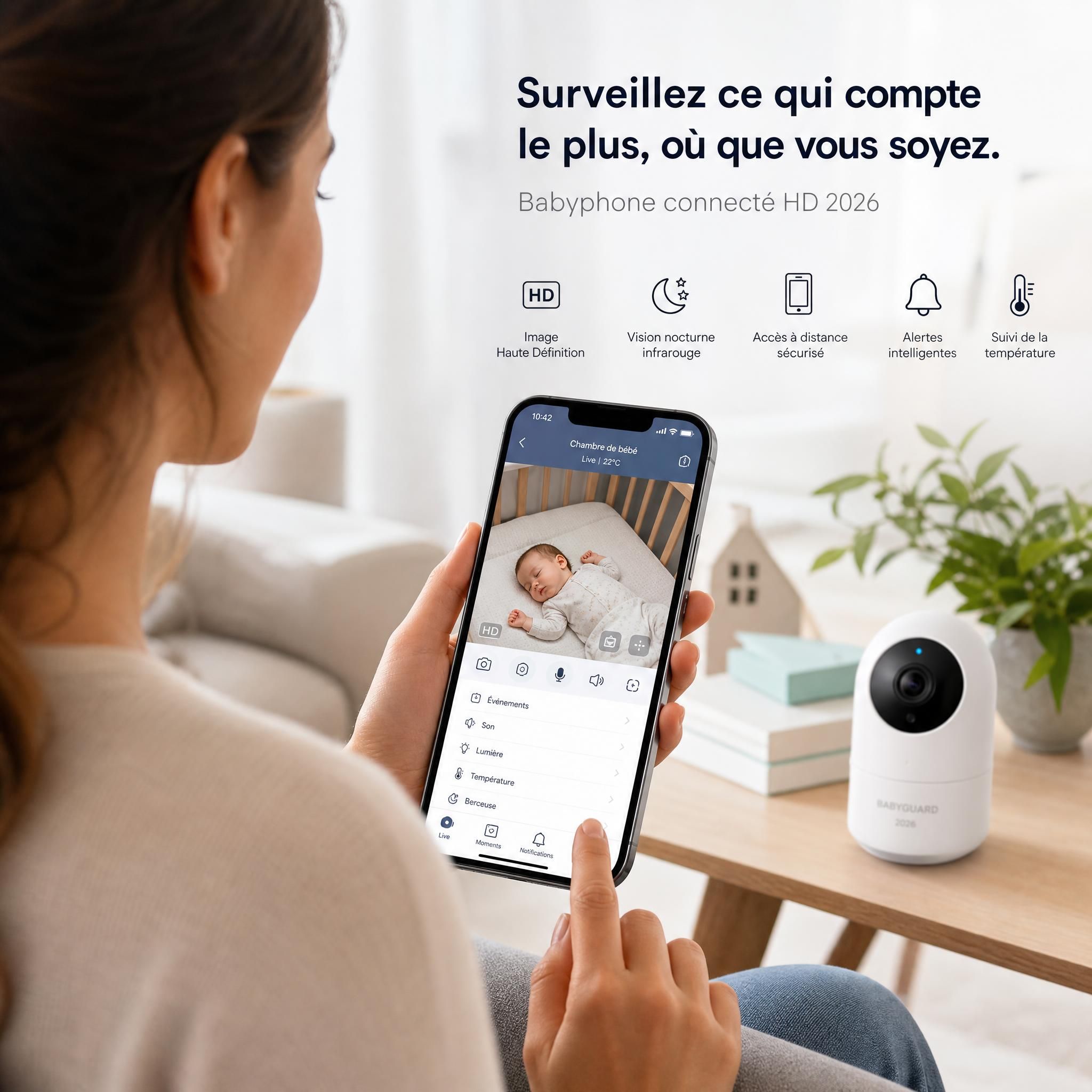 Parent utilisant une application smartphone pour surveiller son bébé grâce à un babyphone connecté avec écran HD en 2026