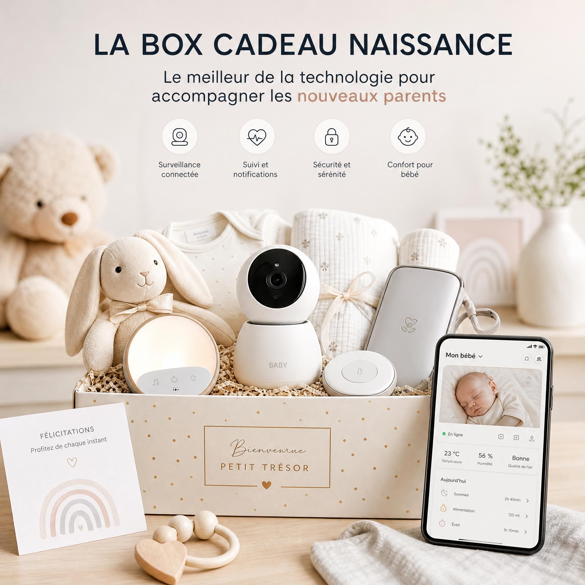 Box cadeau naissance premium avec babyphone connecté, application de suivi bébé et accessoires technologiques pour nouveaux parents