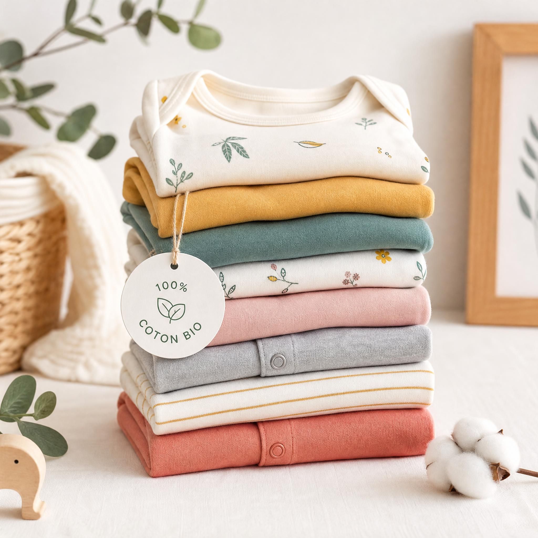pile de vêtements bébé colorés en coton bio - bodys, grenouillères et pyjamas soigneusement pliés