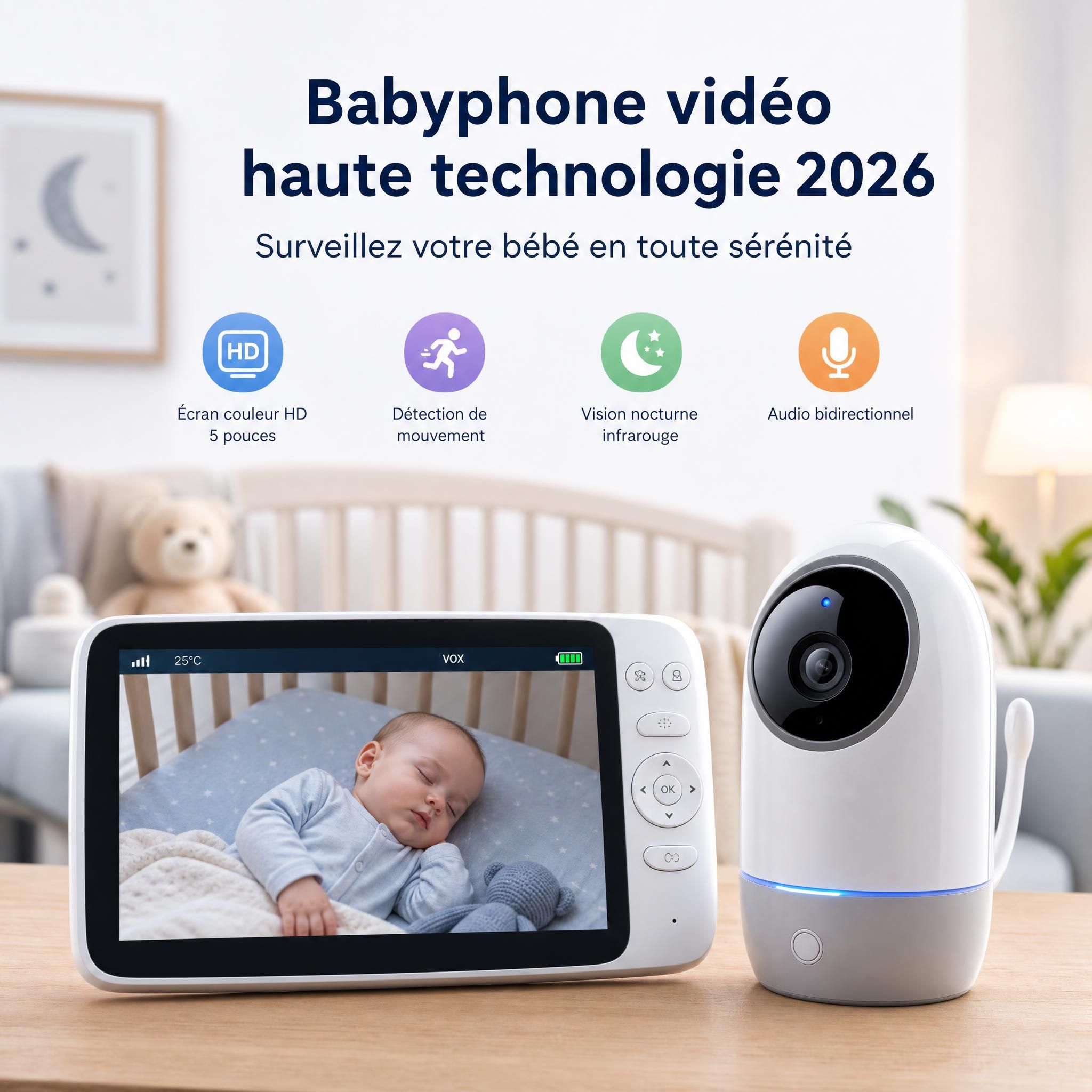 Babyphone vidéo haute technologie 2026 avec écran couleur et détection de mouvement pour chambre bébé