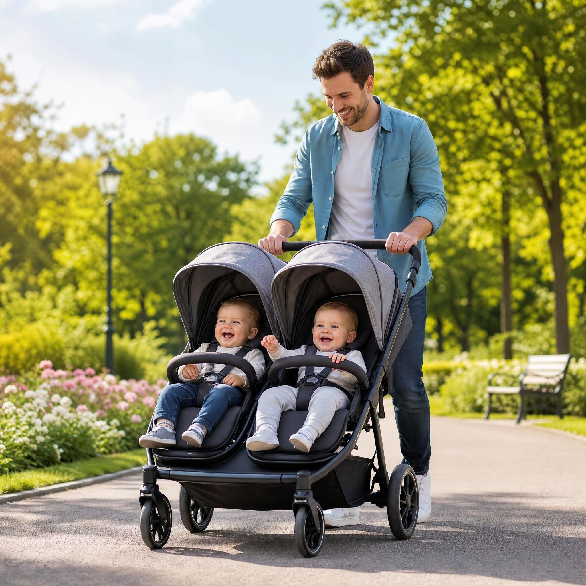 Double poussette pour jumeaux dans un parc ensoleillé, avec un papa souriant poussant ses deux bébés, symbole de la parentalité heureuse