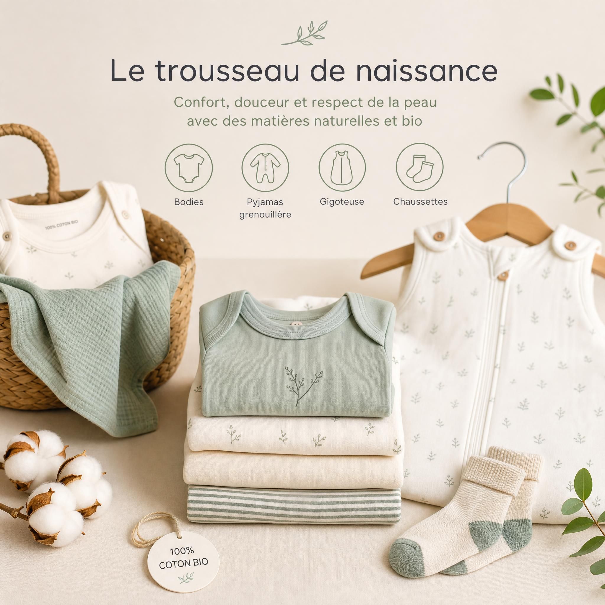 Trousseau vêtements bébé naissance - bodies, pyjamas grenouillère, gigoteuse et chaussettes en coton bio