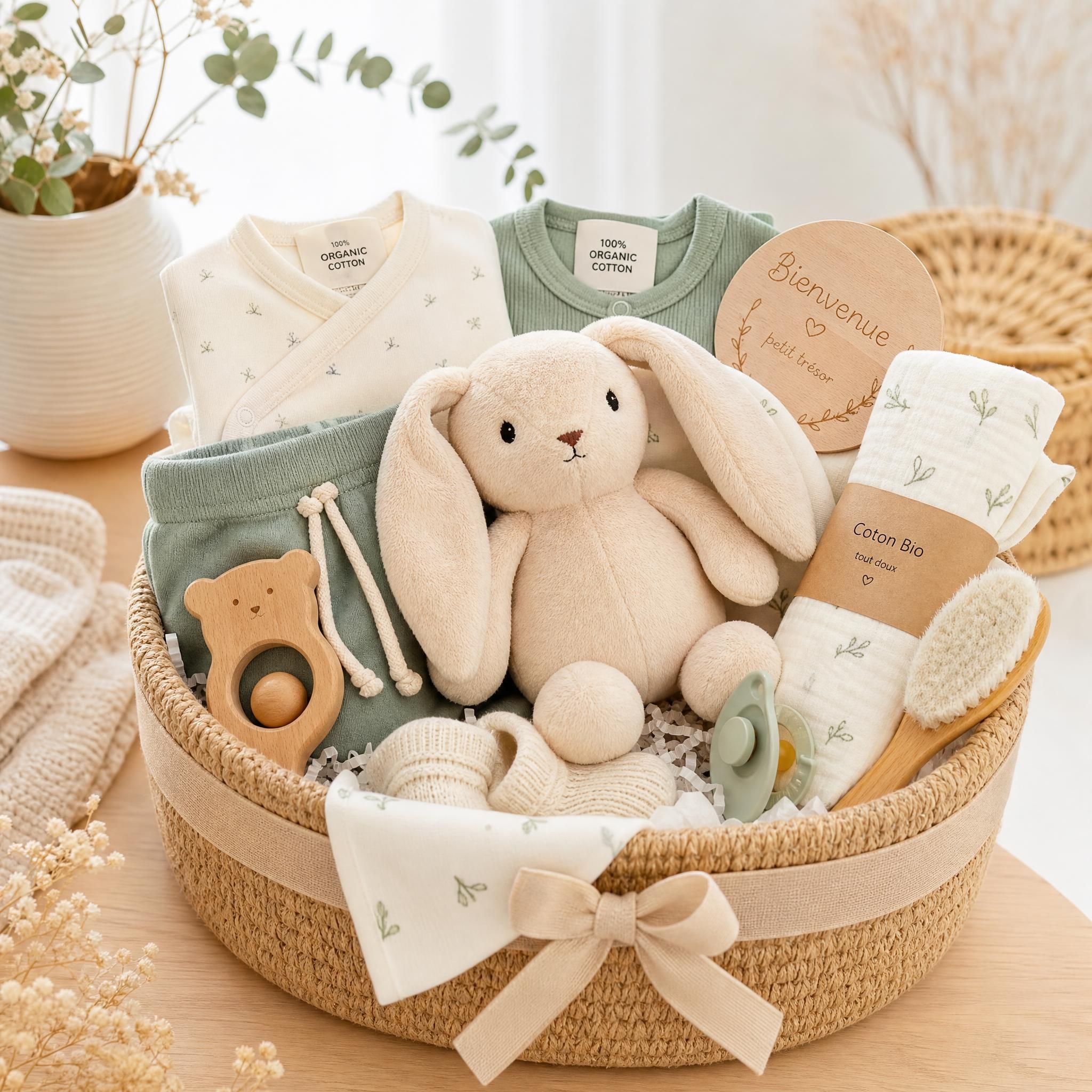 joli panier cadeau naissance avec vêtements bébé bio, doudou et accessoires soigneusement présentés
