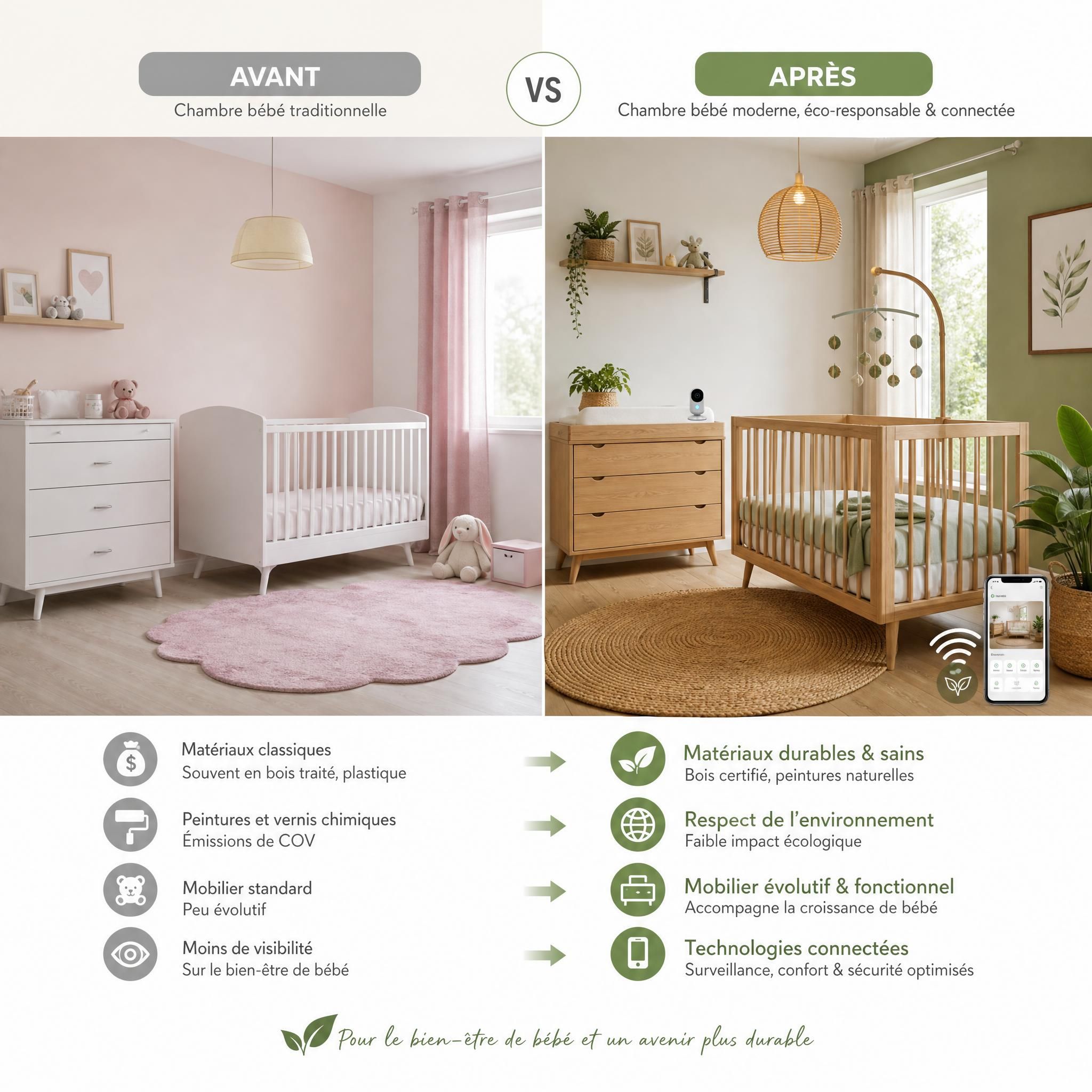 Comparaison visuelle avant-après entre une chambre bébé traditionnelle et une chambre bébé moderne éco-responsable et connectée, ambiance chaleureuse