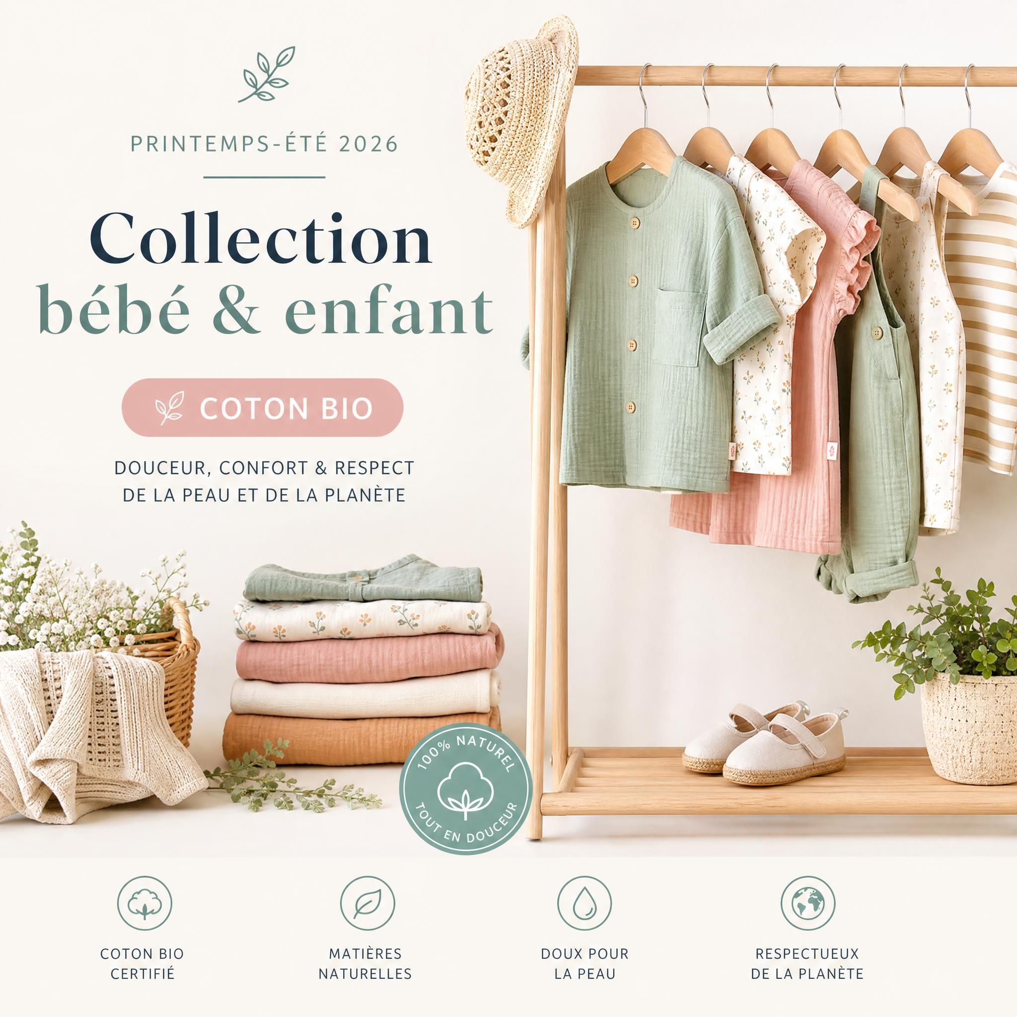 Collection vêtements bébé enfant printemps-été 2026 en coton bio tons pastel et matières naturelles
