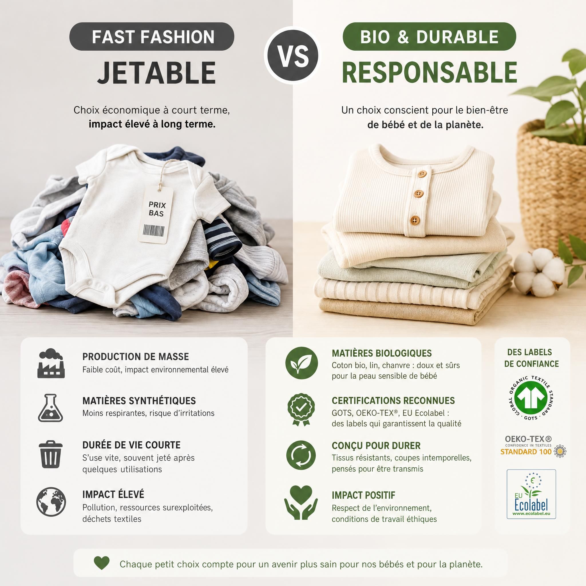 Comparaison visuelle entre vêtements bébé fast fashion jetables et vêtements bébé bio durables avec labels certifiés