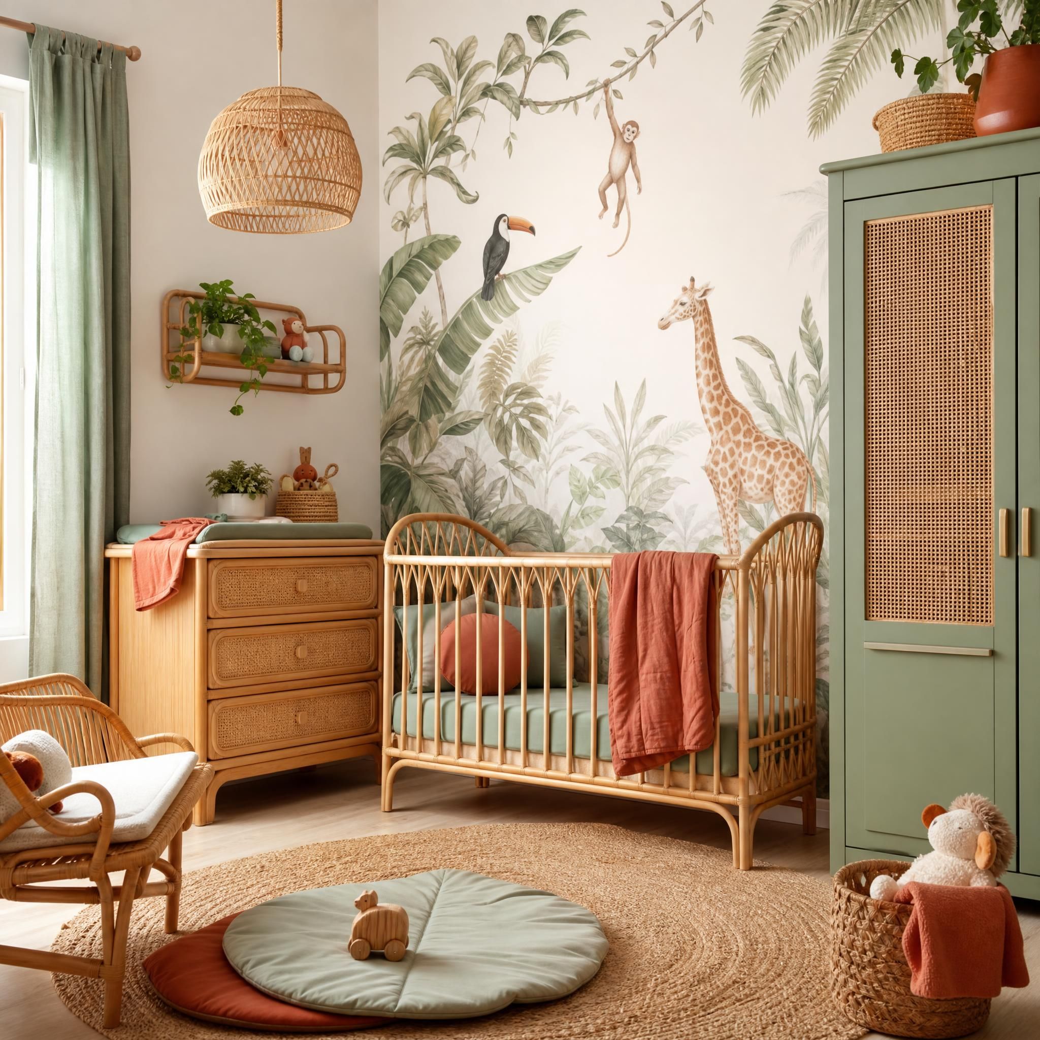 Chambre bébé 2026 style naturel avec papier peint jungle douce, mobilier rotin et palette de couleurs terracotta et vert céladon