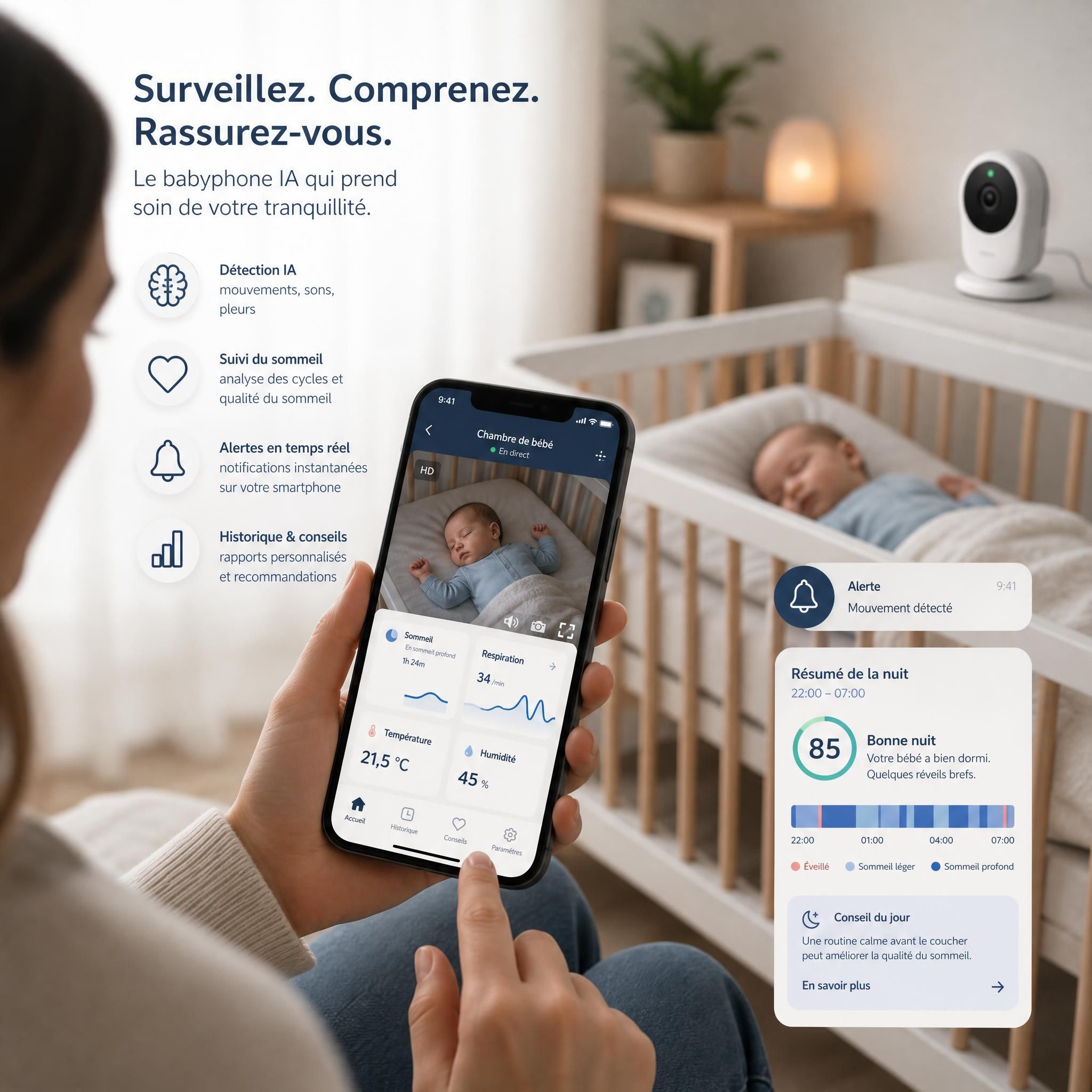 Parent utilisant une application smartphone connectée à un babyphone IA pour surveiller son bébé endormi, interface moderne et intuitive