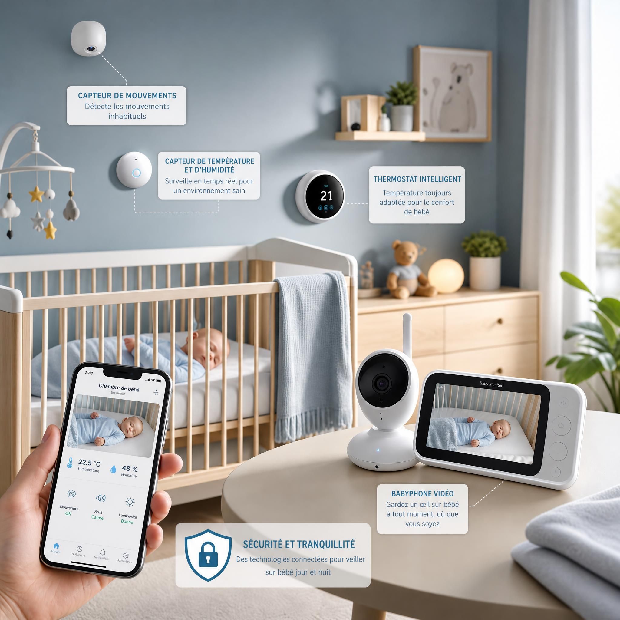Chambre bébé moderne avec capteurs connectés, thermostat intelligent et babyphone vidéo pour une sécurité optimale