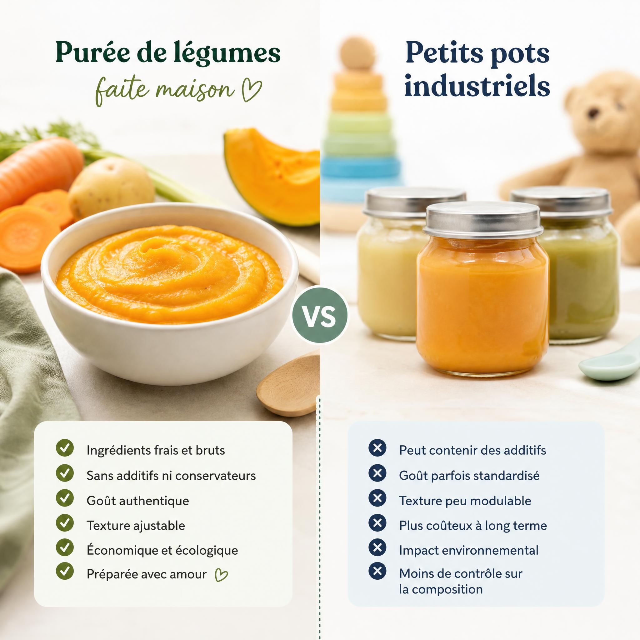 Comparaison côte à côte d'une purée de légumes faite maison et de petits pots industriels pour bébé