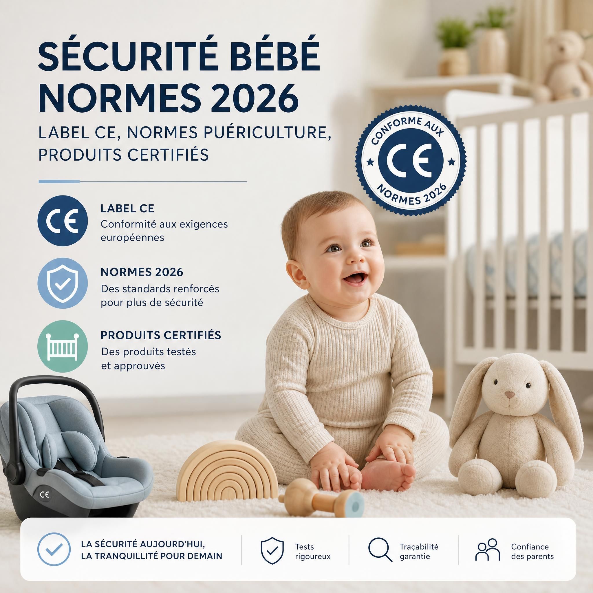 Sécurité bébé normes 2026 - label CE, normes puériculture, produits certifiés