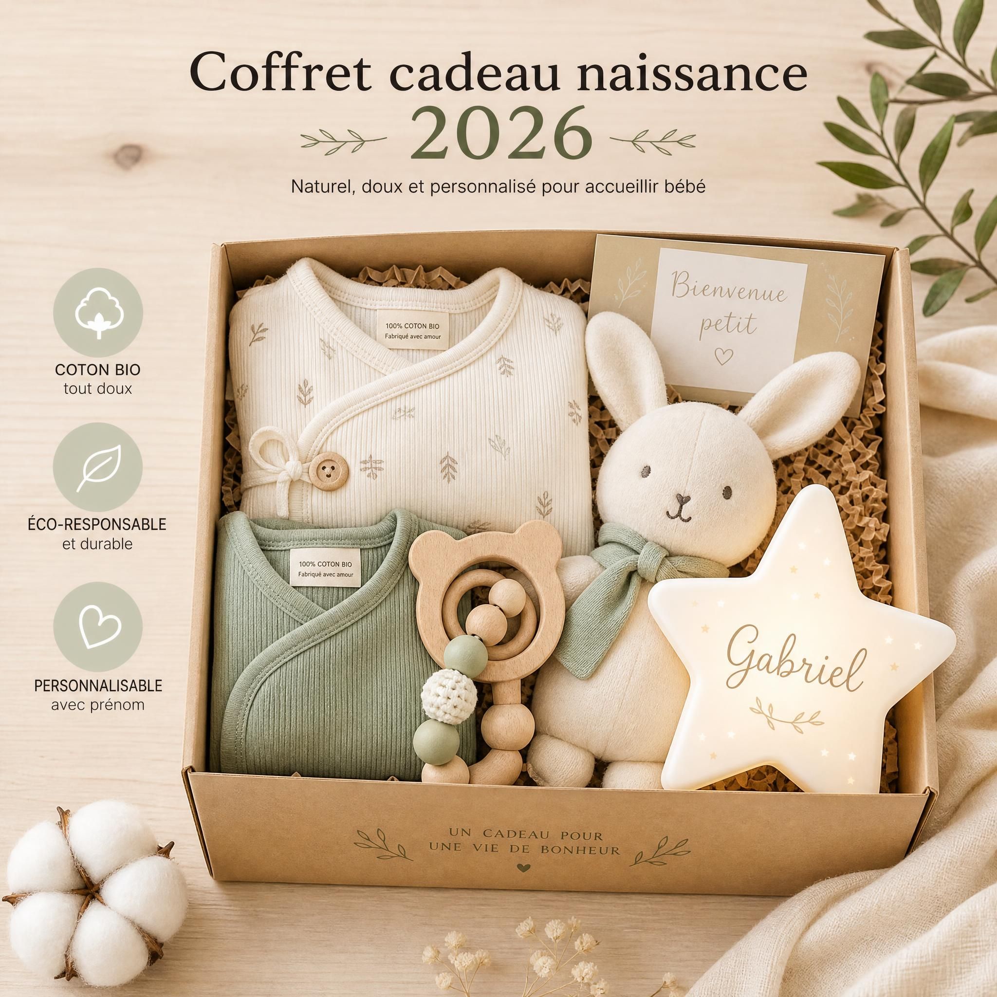 Coffret cadeau naissance 2026 avec vêtements coton bio, jouet d'éveil et veilleuse personnalisée sur fond bois naturel