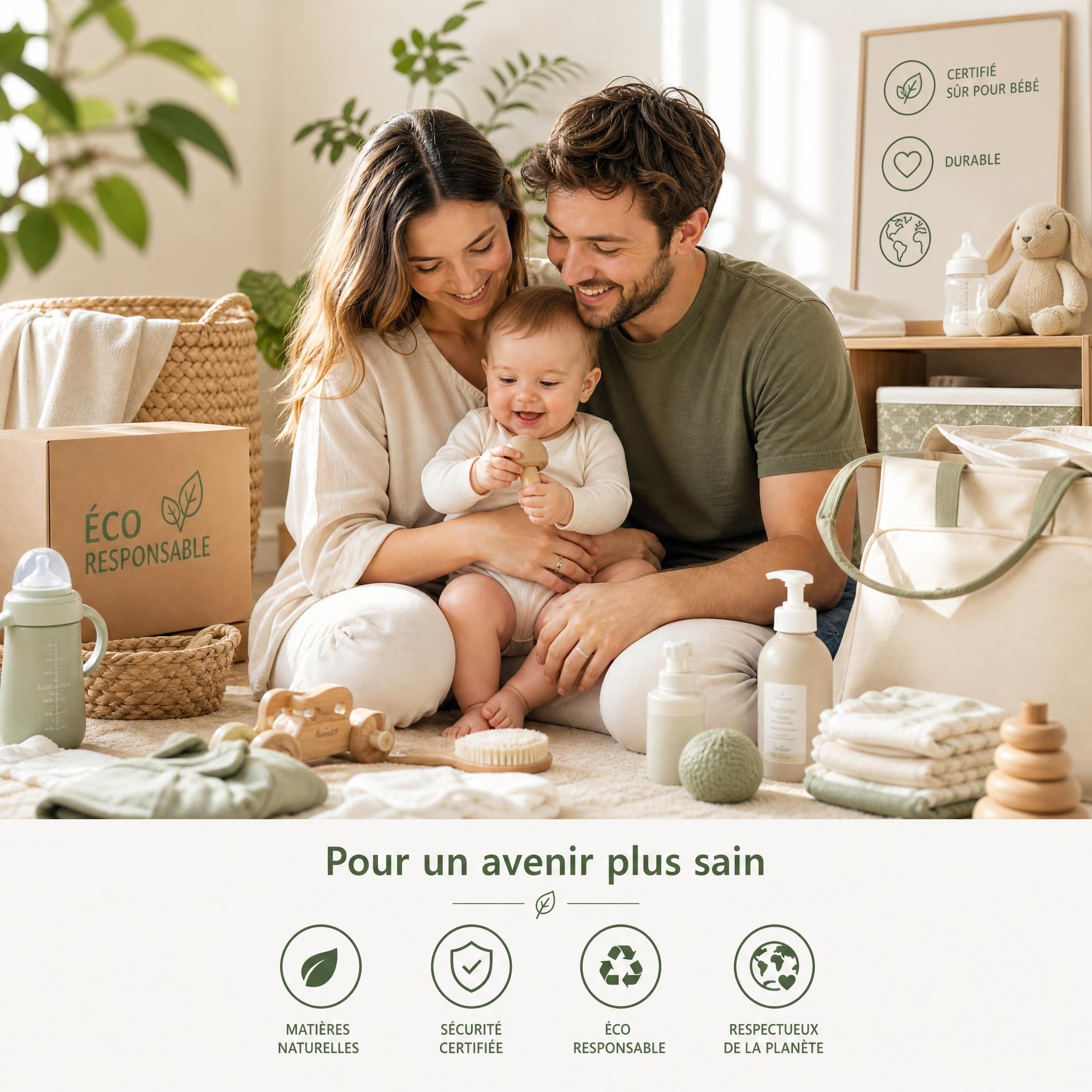 Famille heureuse avec bébé entourée d'accessoires de puériculture éco-responsables, certifiés et durables, dans un intérieur lumineux et naturel