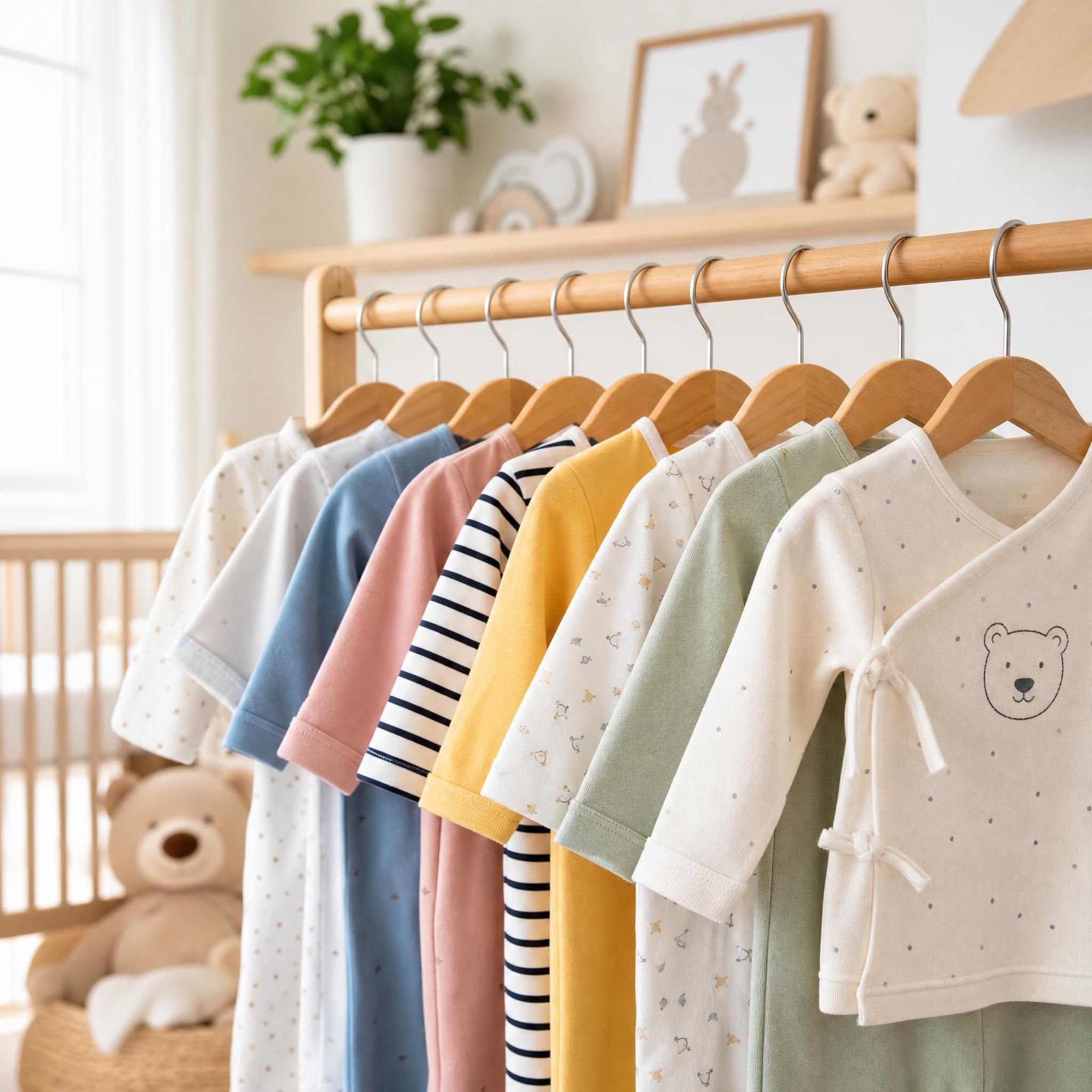 Rangée de vêtements bébé colorés et doux sur des cintres dans une chambre bébé lumineuse
