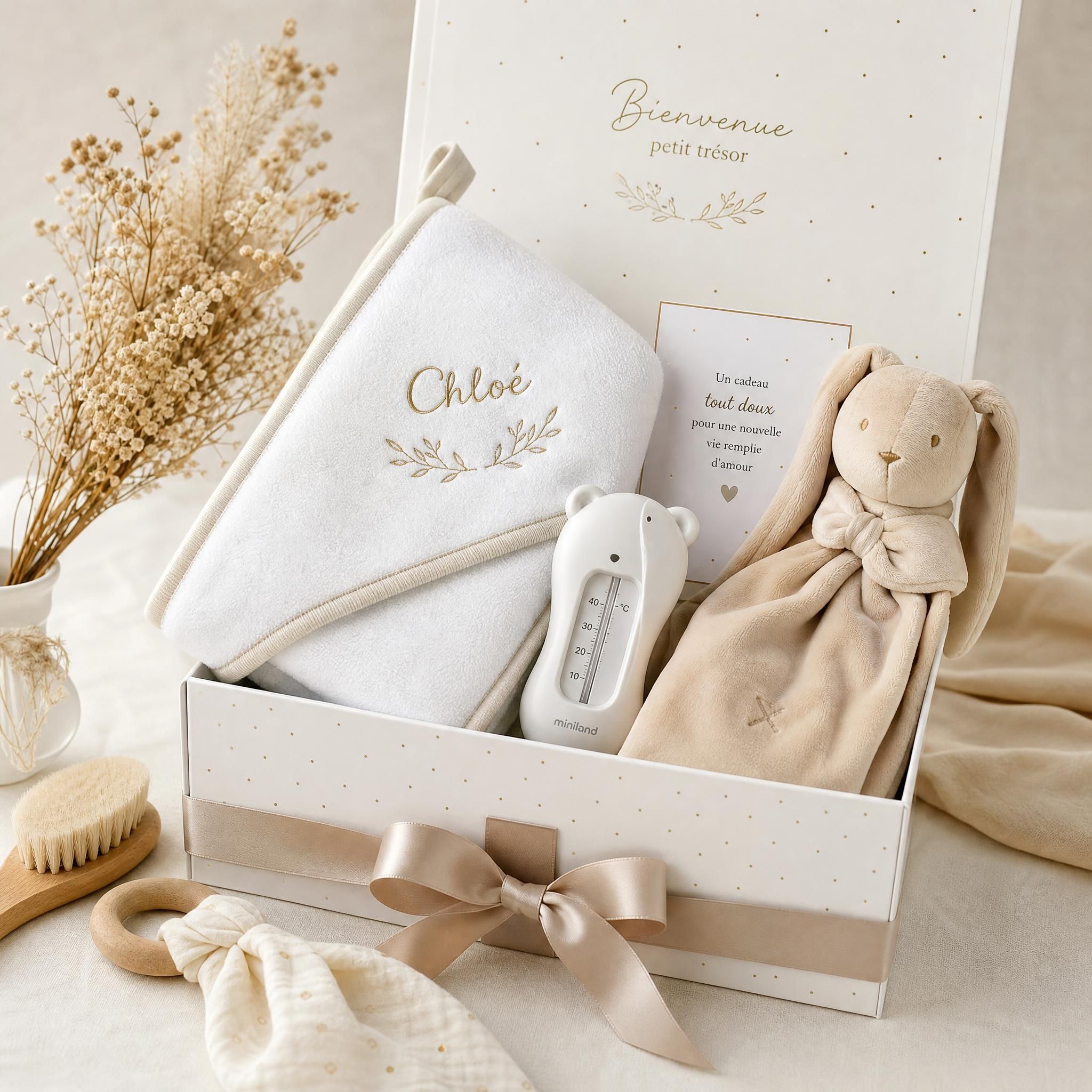 Élégant coffret cadeau naissance avec accessoires bébé premium, cape brodée, thermomètre de bain et doudou, prêt à offrir