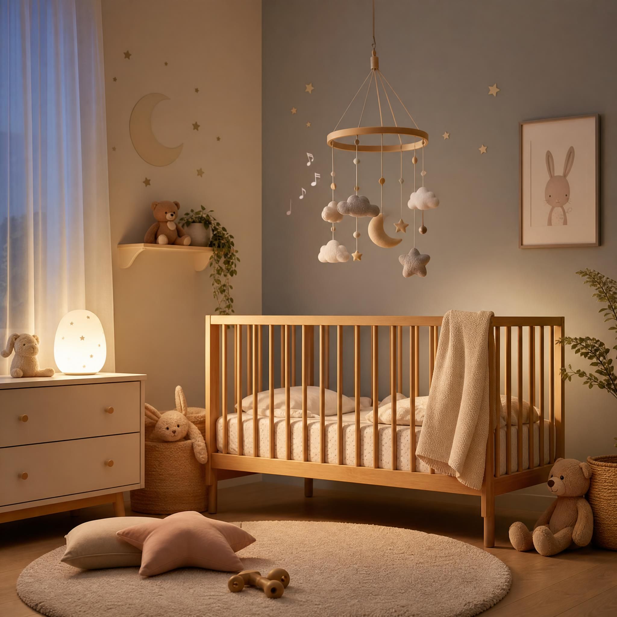 Chambre de bébé douce et apaisante avec veilleuse tamisée, berceau en bois et mobile musical suspendu