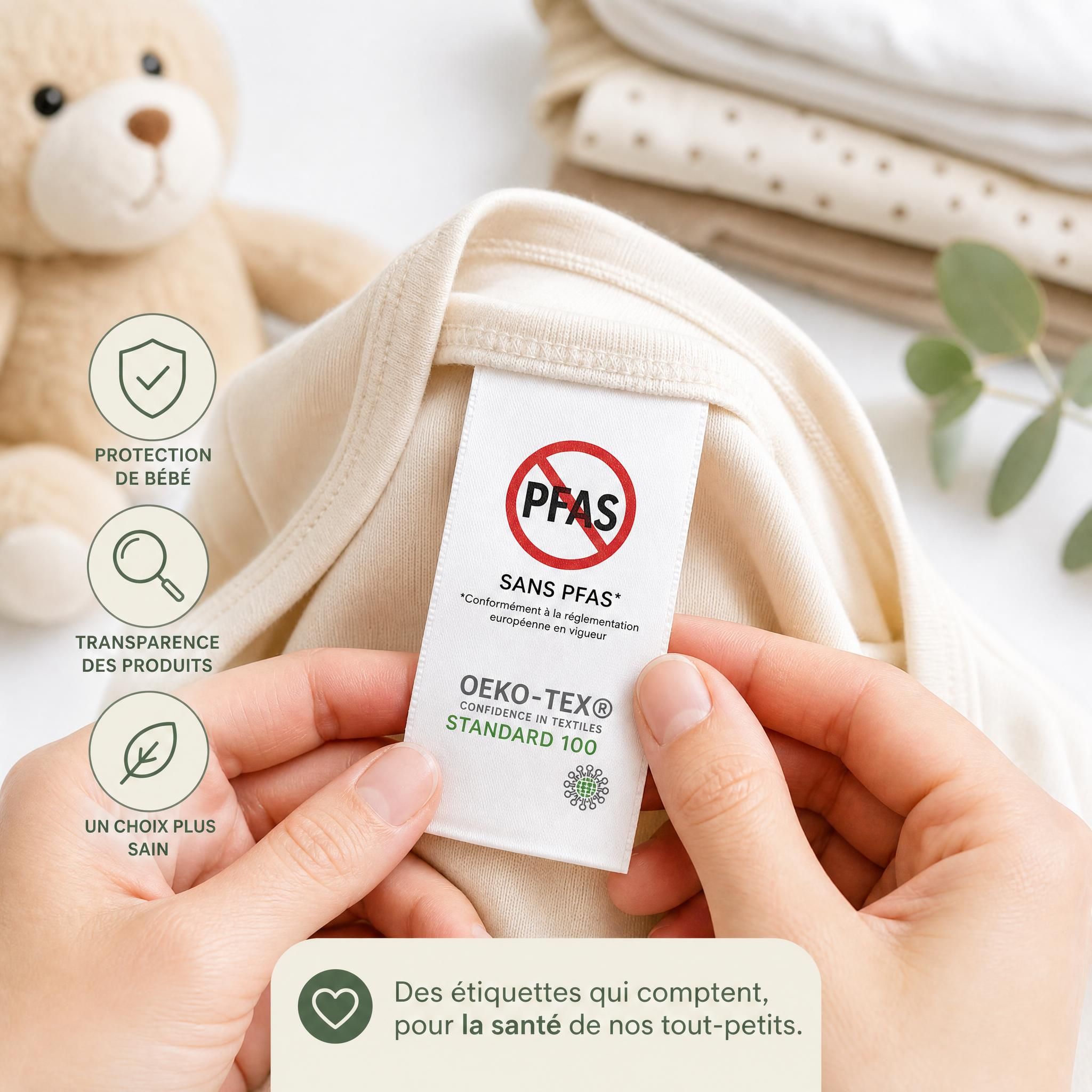 Étiquette de vêtement bébé avec logo PFAS barré et certification Oeko-Tex, symbolisant la vigilance des parents