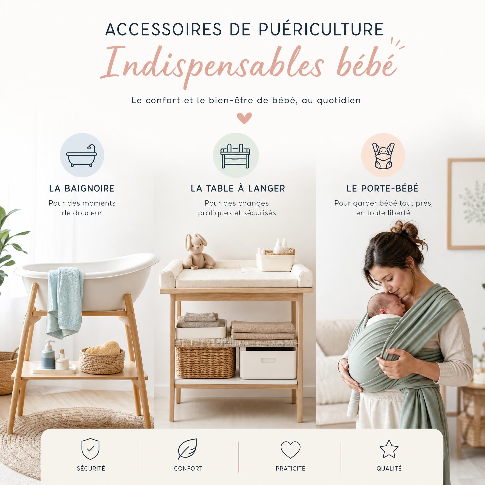 Accessoires de puériculture indispensables bébé - baignoire, table à langer, porte-bébé écharpe de portage