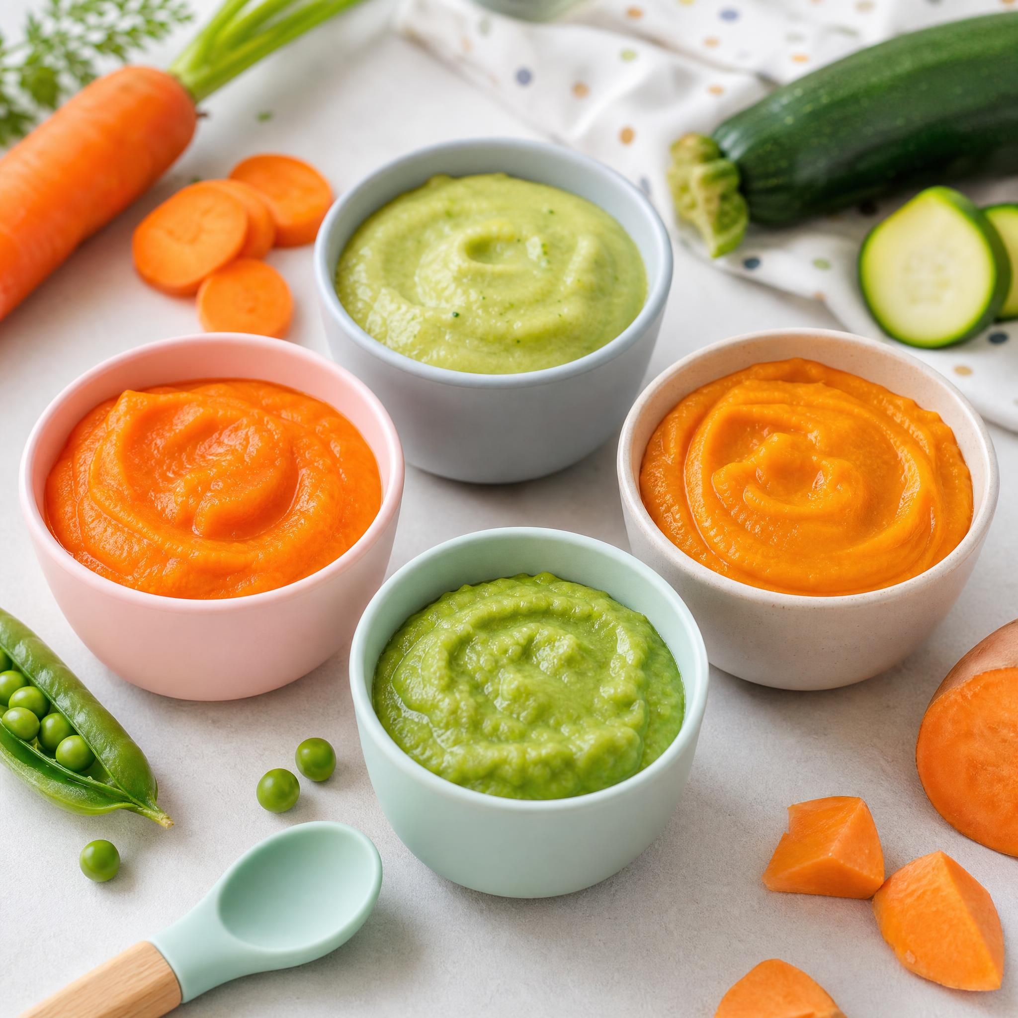 Assortiment coloré de purées de légumes dans des petits bols pour bébé - carottes, courgettes, petits pois, patate douce