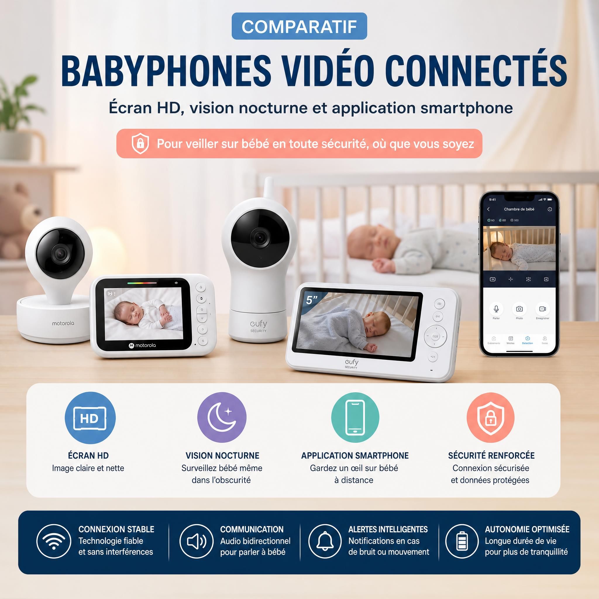 Comparatif de babyphones vidéo connectés avec écran HD, vision nocturne et application smartphone pour sécurité bébé