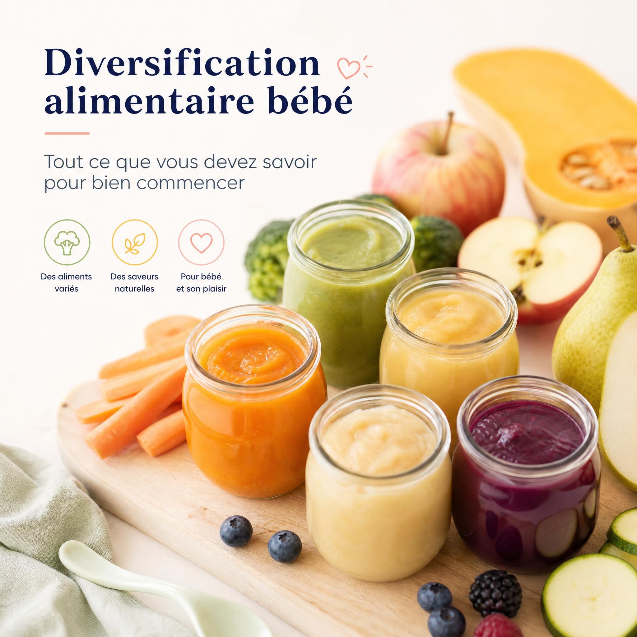 Diversification alimentaire bébé - purées colorées légumes fruits dans des petits pots en verre