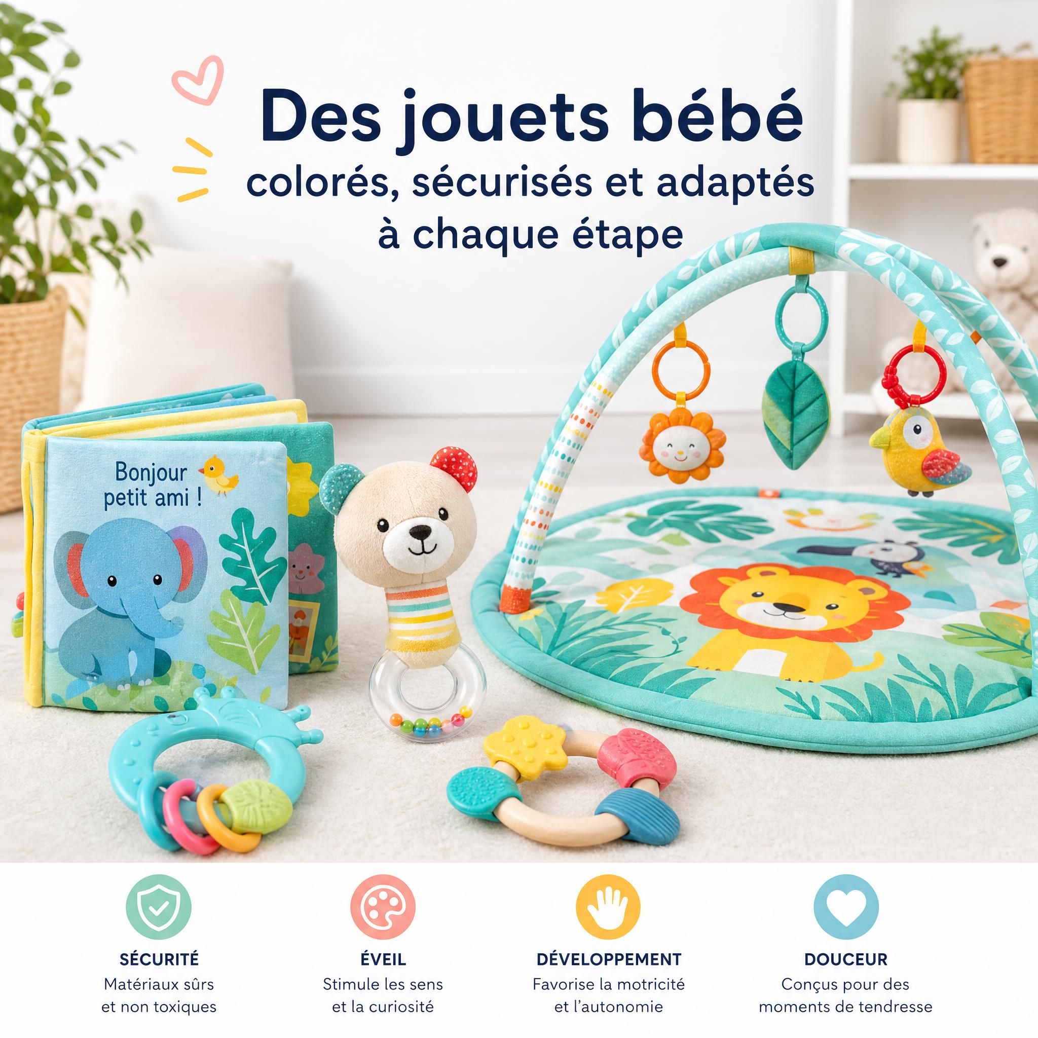 jouets bébé colorés et sécurisés - hochets, anneaux de dentition, tapis d'éveil et livres en tissu