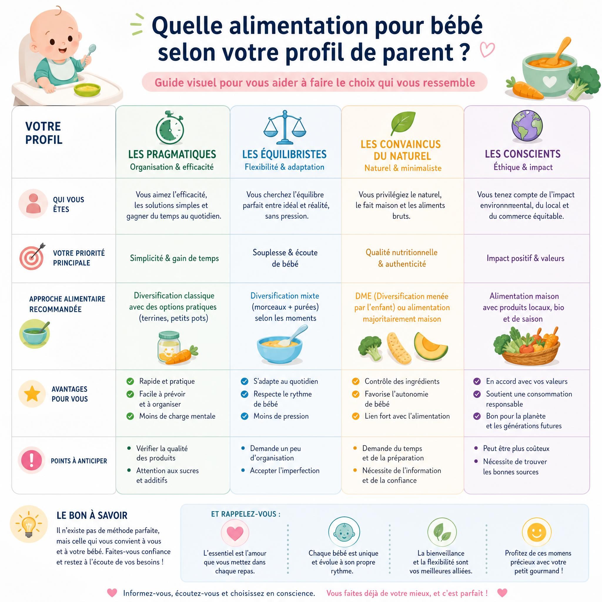 Infographie tableau de décision alimentation bébé selon le profil des parents - guide visuel coloré