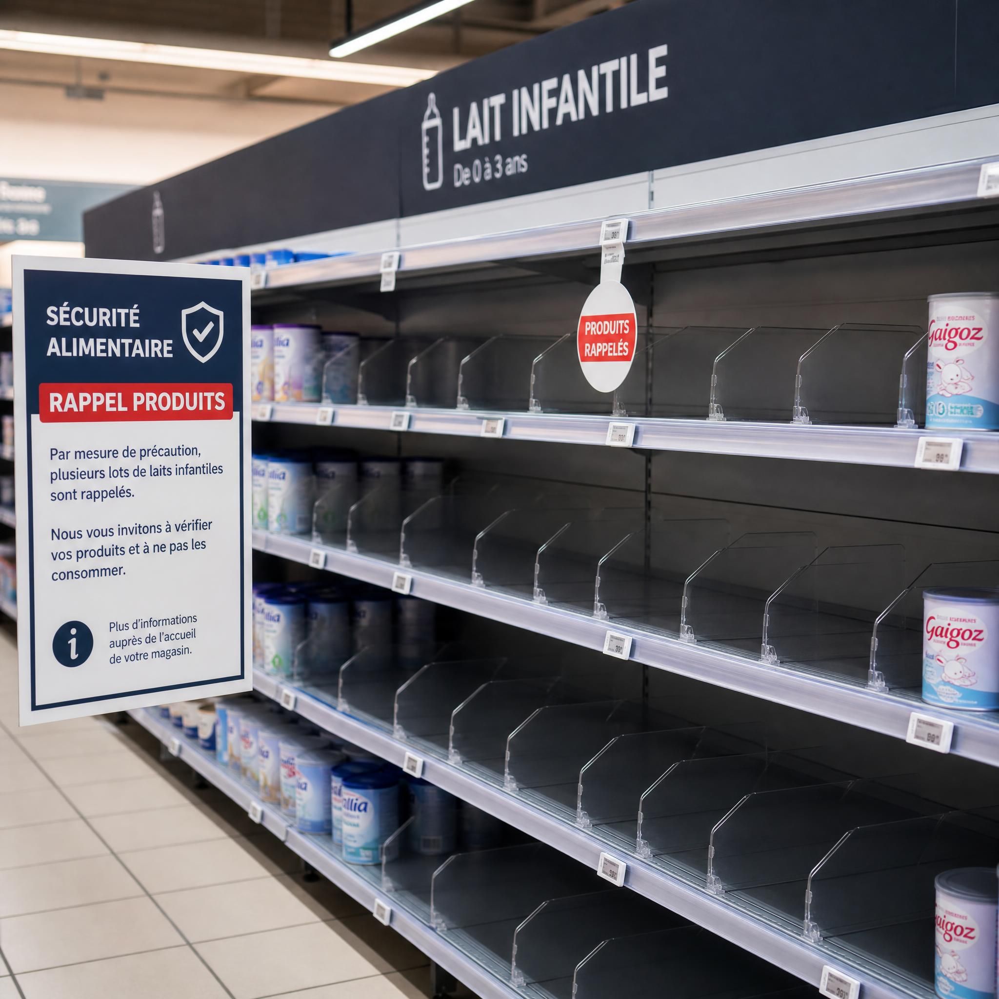 Rayons de lait infantile vides dans un supermarché français pendant la crise des rappels de janvier 2026 - alimentation bébé sécurité