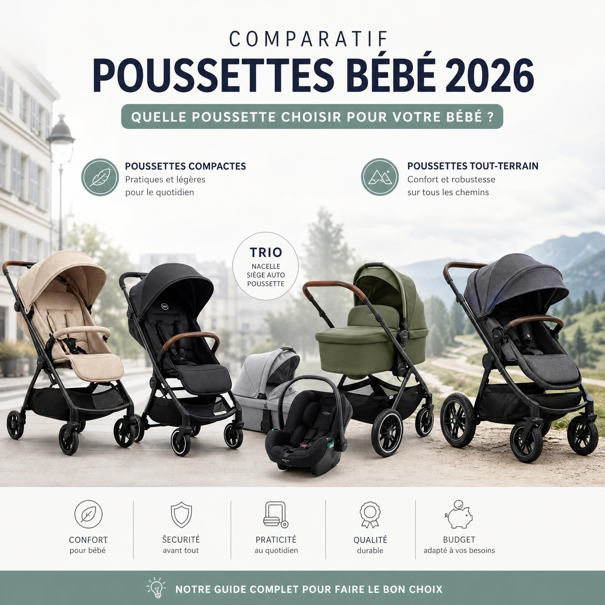 Comparatif poussettes bébé 2026 - différents modèles poussette compacte trio et tout-terrain