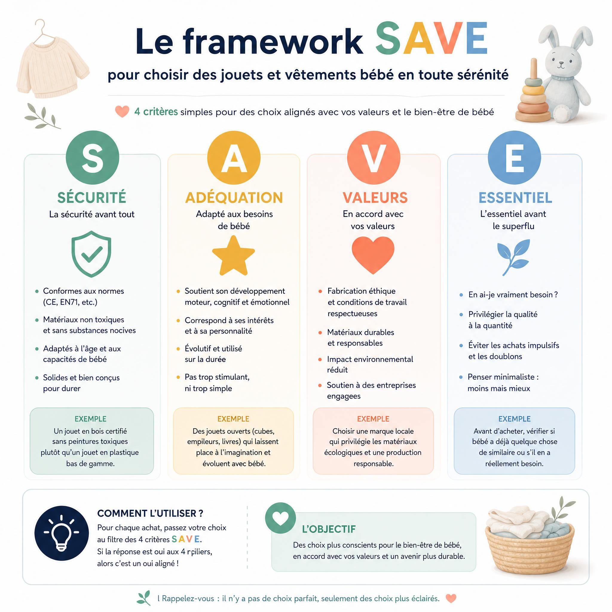 Infographie du framework décisionnel SAVE pour choisir jouets et vêtements bébé