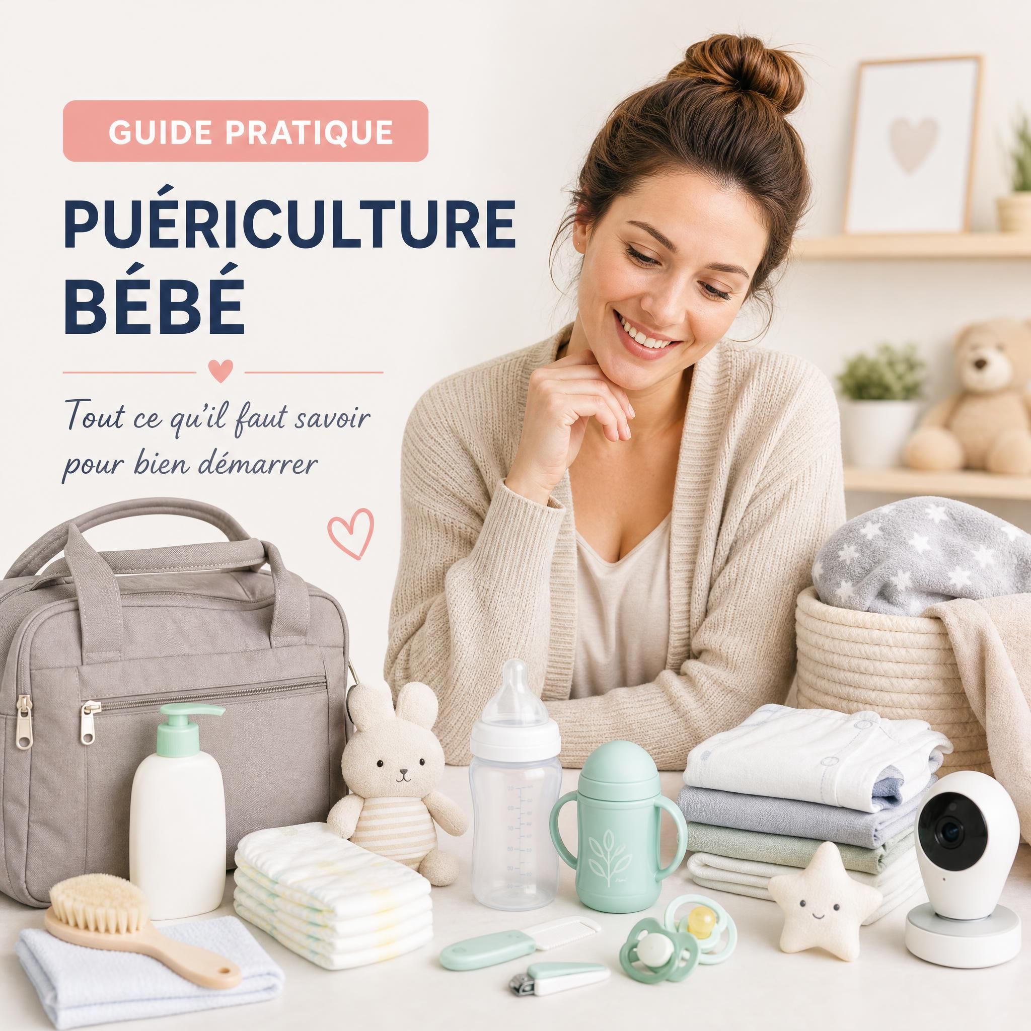 Guide pratique puériculture bébé - jeune maman souriante entourée d'accessoires bébé essentiels