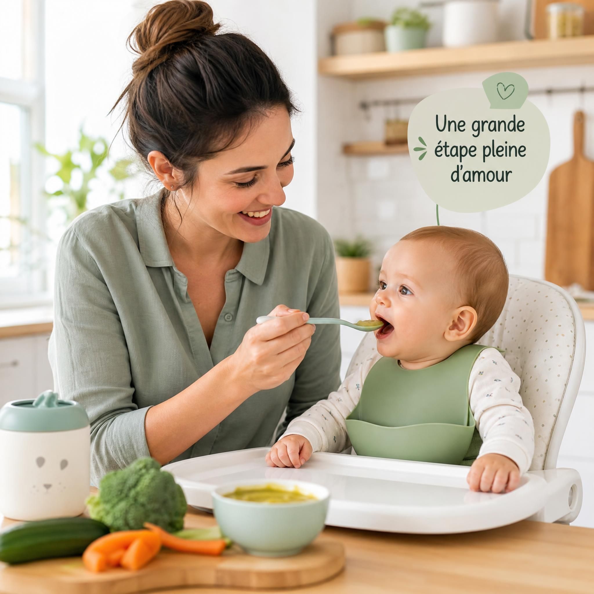 Jeune mère souriante donnant la première purée de légumes à son bébé de 6 mois dans une cuisine lumineuse