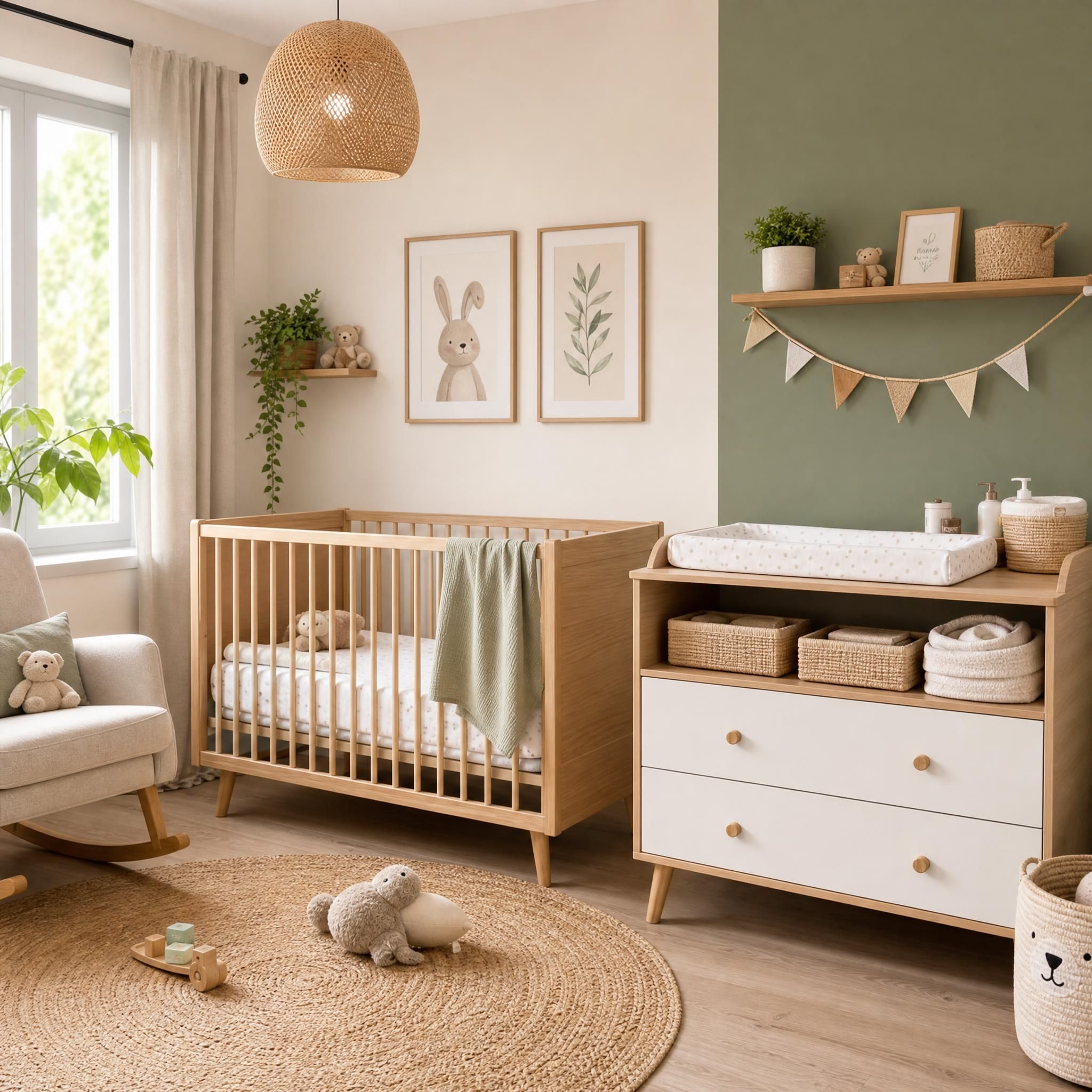 chambre bébé moderne et sécurisée avec lit à barreaux, table à langer et décoration douce en tons naturels