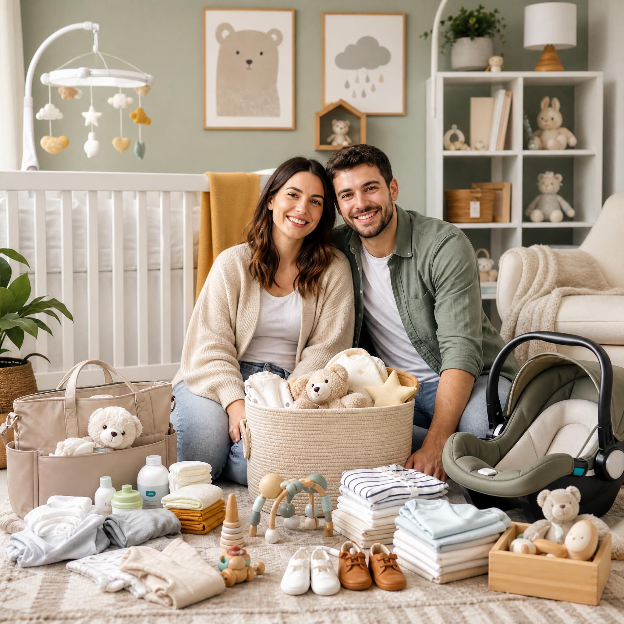 jeunes parents souriants entourés d'articles bébé essentiels - jouets, vêtements et chambre bébé aménagée