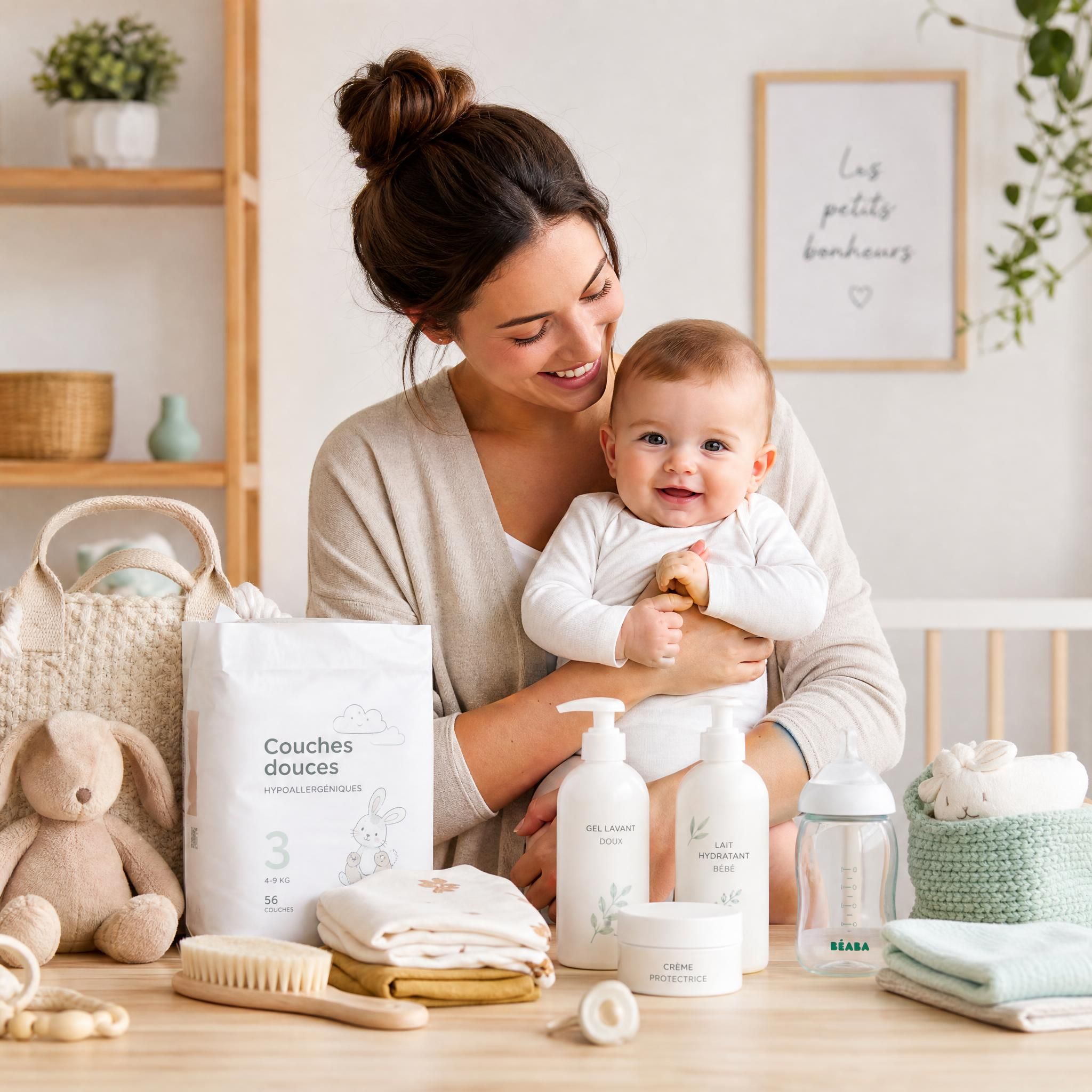 Jeune maman souriante avec son bébé dans les bras, entourée de produits de puériculture soigneusement choisis