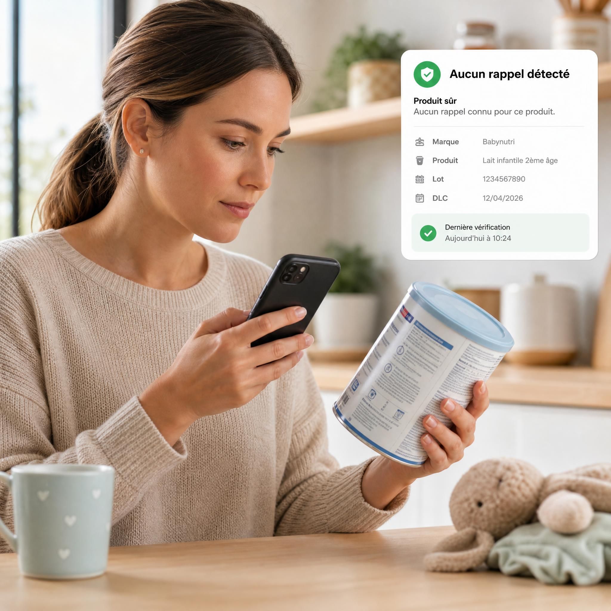 Parent vérifiant attentivement l'étiquette d'un pot de lait infantile avec son smartphone pour vérifier les rappels produits