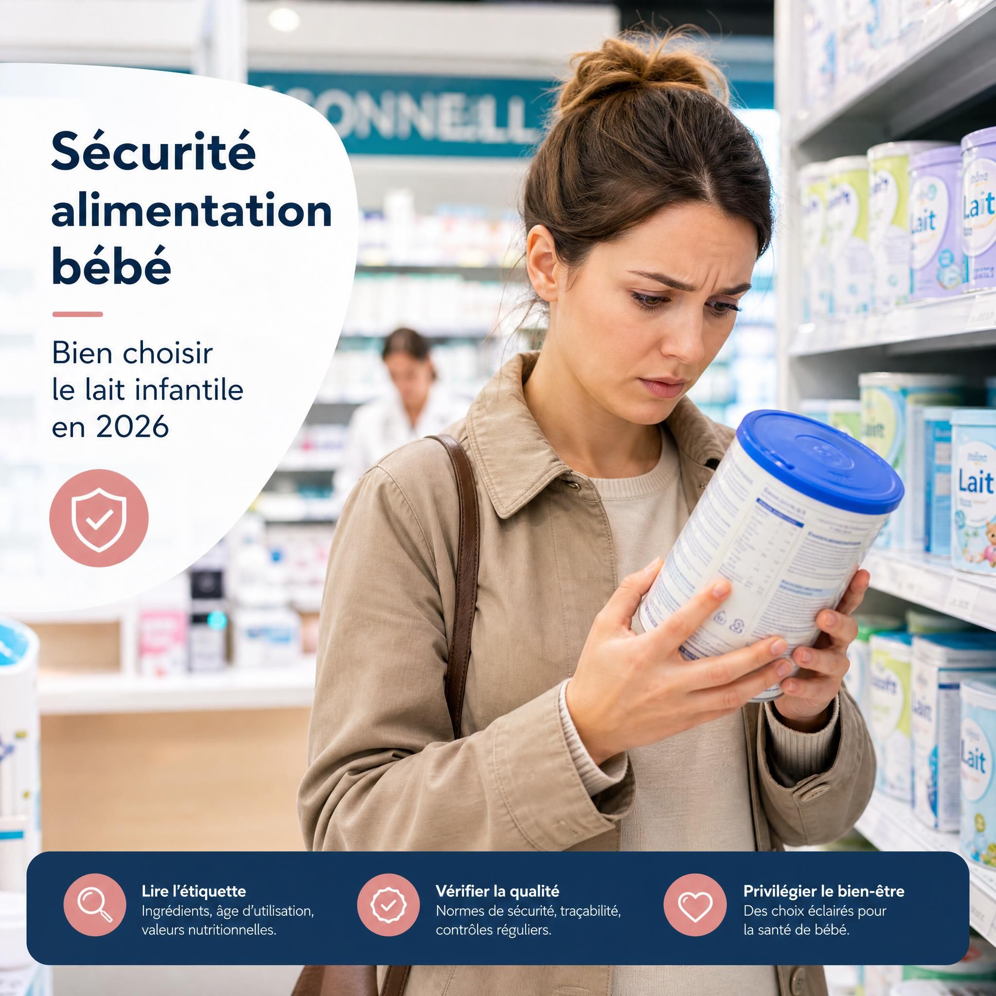 Mère inquiète vérifiant l'étiquette d'une boîte de lait infantile dans une pharmacie - sécurité alimentation bébé 2026