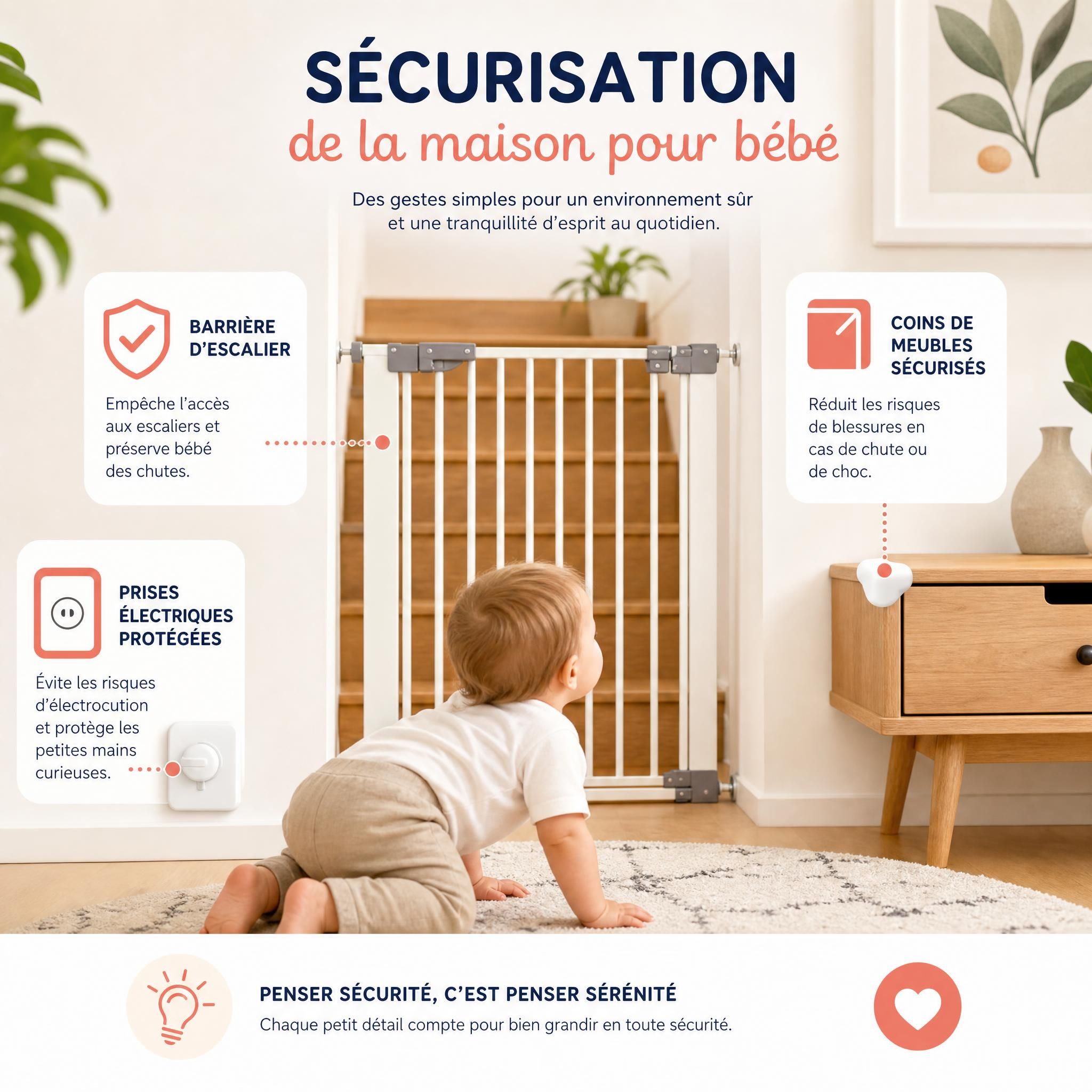 Sécurisation maison bébé - barrière escalier prises électriques protégées coins de meubles sécurisés