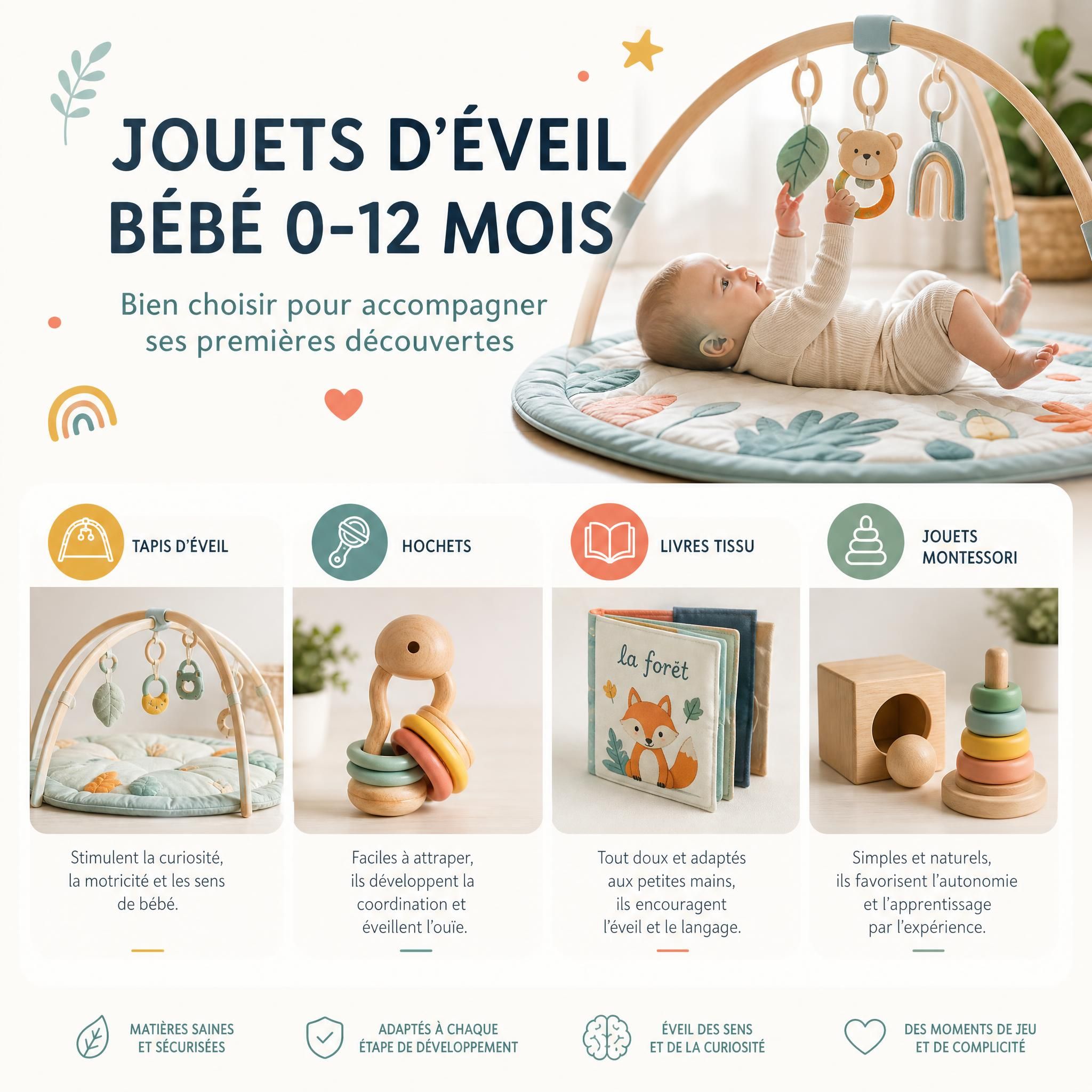 Jouets d'éveil bébé 0-12 mois - tapis d'éveil, hochets, livres tissu, jouets Montessori