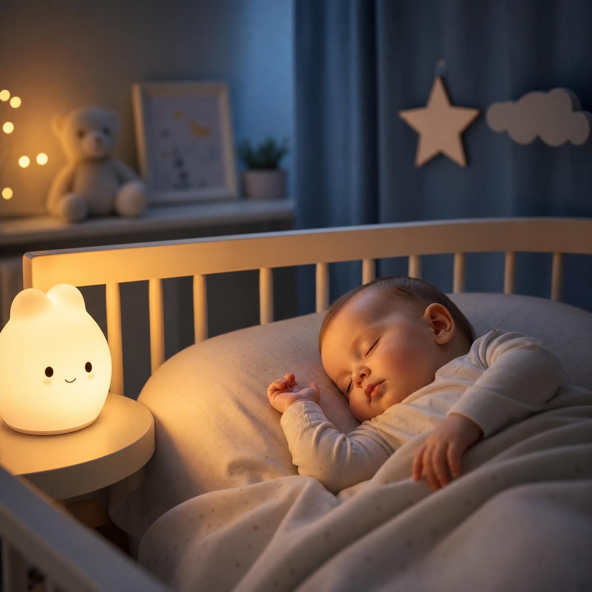 Bébé endormi paisiblement dans son berceau avec une veilleuse douce - routine sommeil bébé bien-être enfant