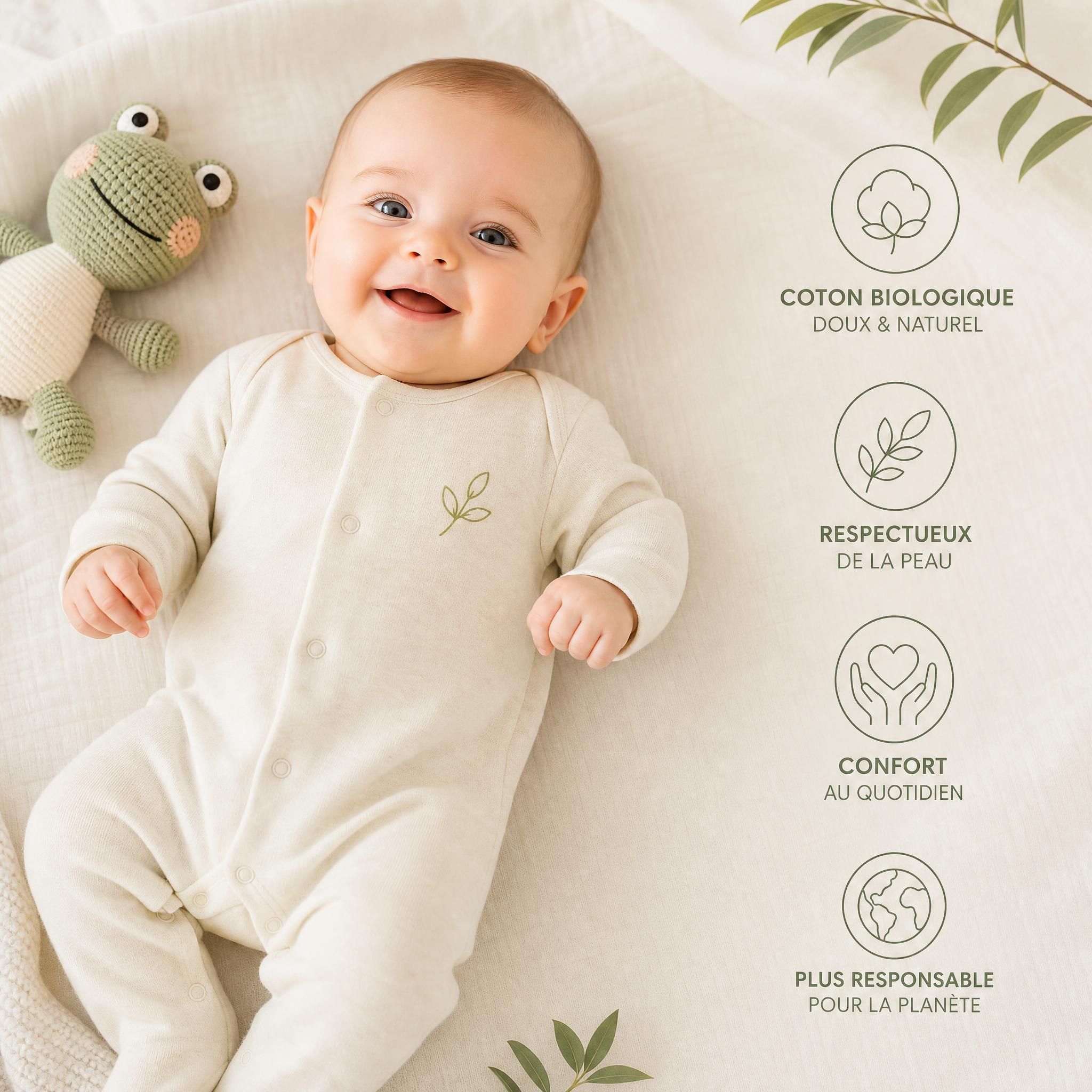 Bébé habillée d'une grenouillère en coton biologique doux et naturel, peau saine et souriante