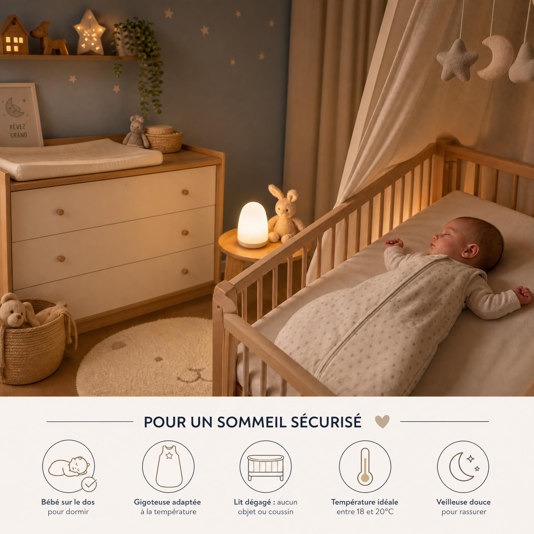 Chambre bébé cosy avec veilleuse douce gigoteuse et berceau - environnement sommeil sécurisé