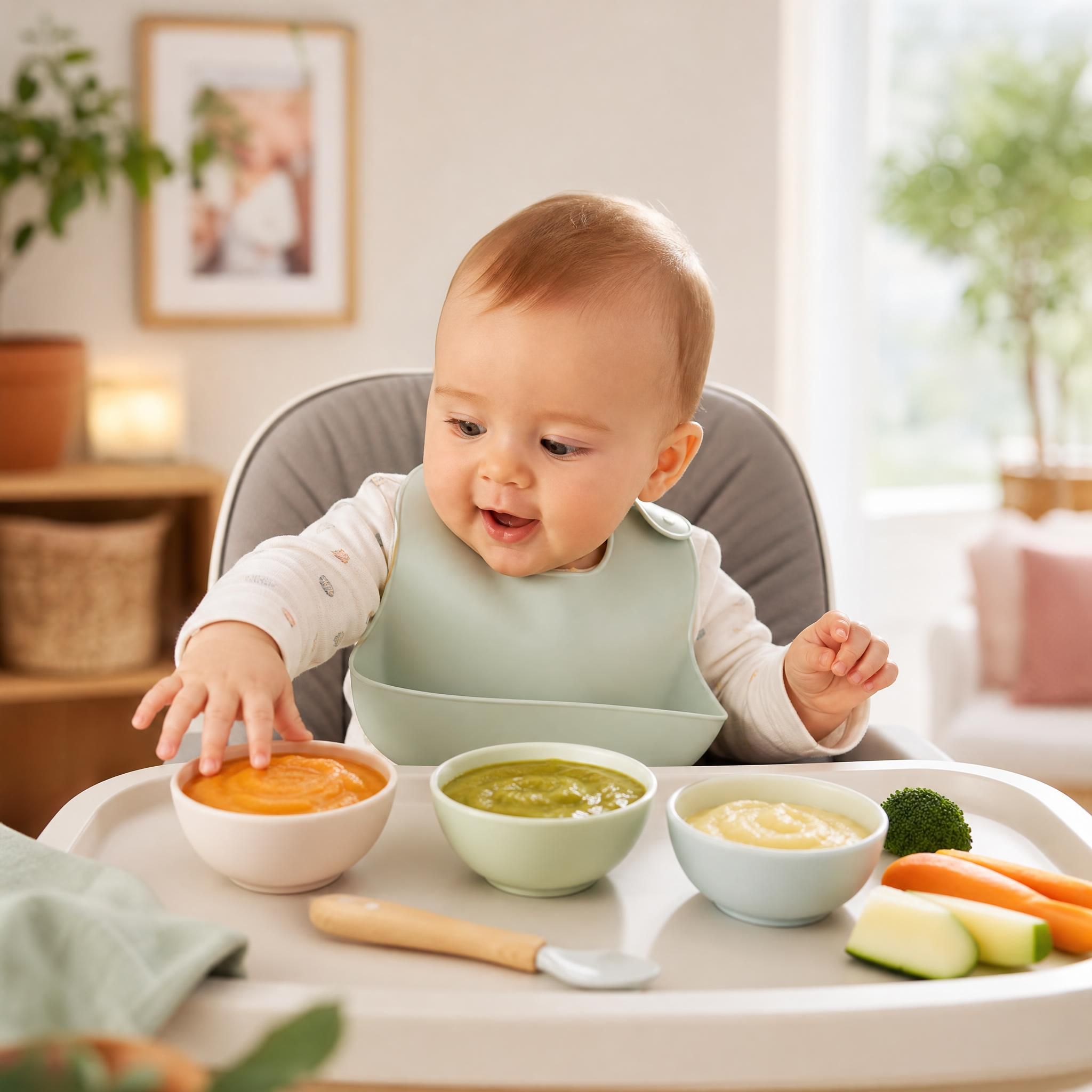 Bébé de 6 mois assis dans une chaise haute, découvrant avec curiosité ses premières purées de légumes colorées, environnement familial chaleureux