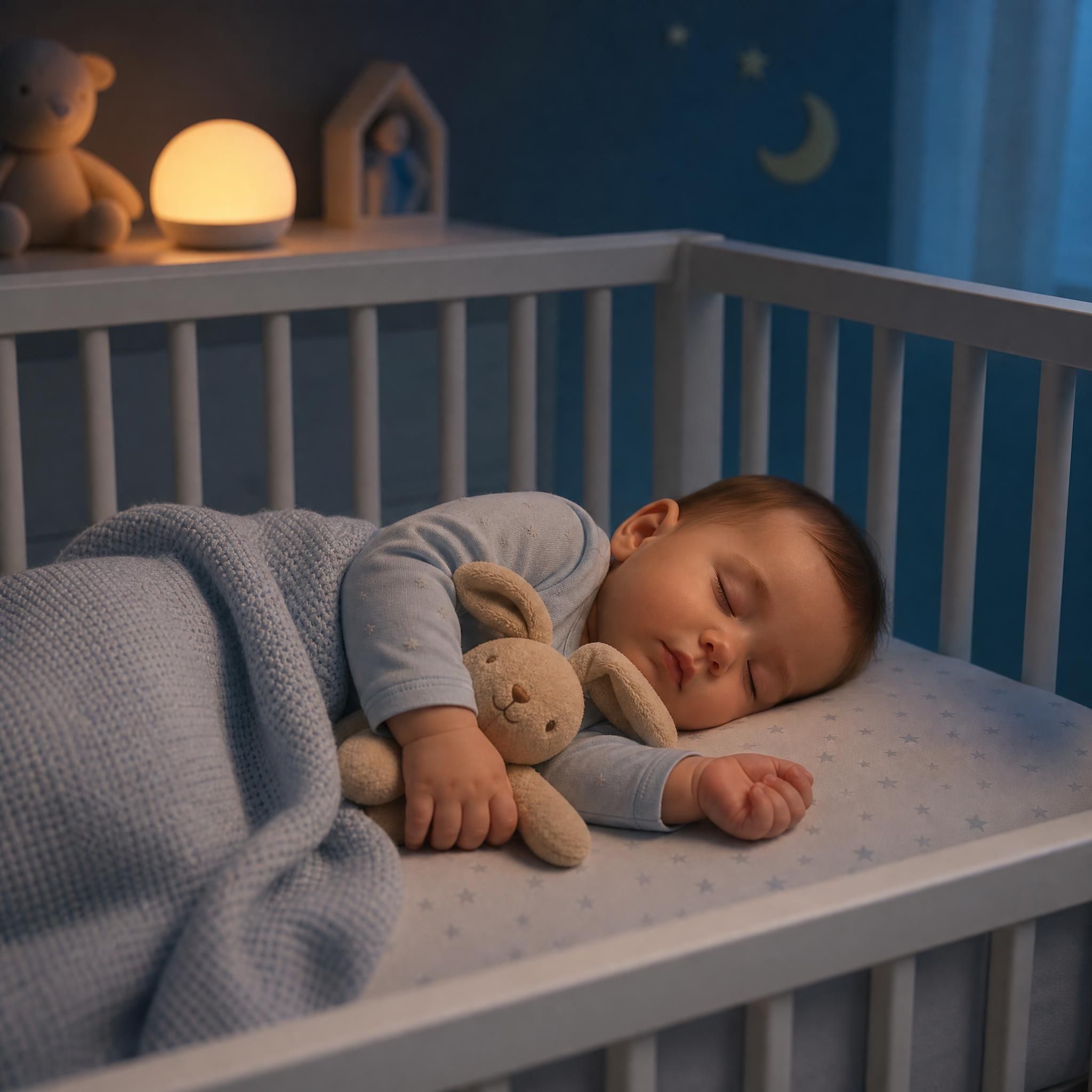 Bébé endormi paisiblement dans son lit à barreaux, lumière tamisée, doudou à côté, ambiance sereine et sécurisante pour le sommeil