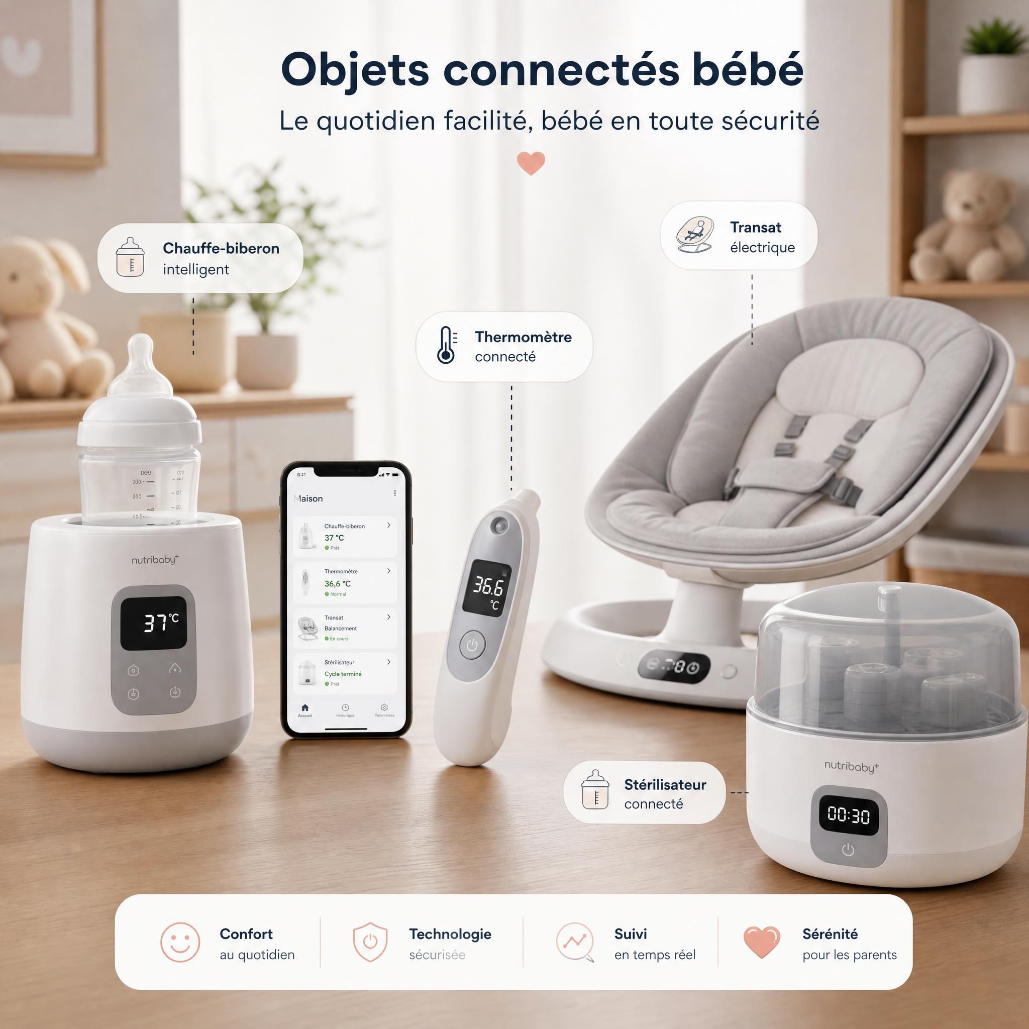 Collection d'objets connectés bébé : chauffe-biberon intelligent, thermomètre connecté, transat électrique et stérilisateur