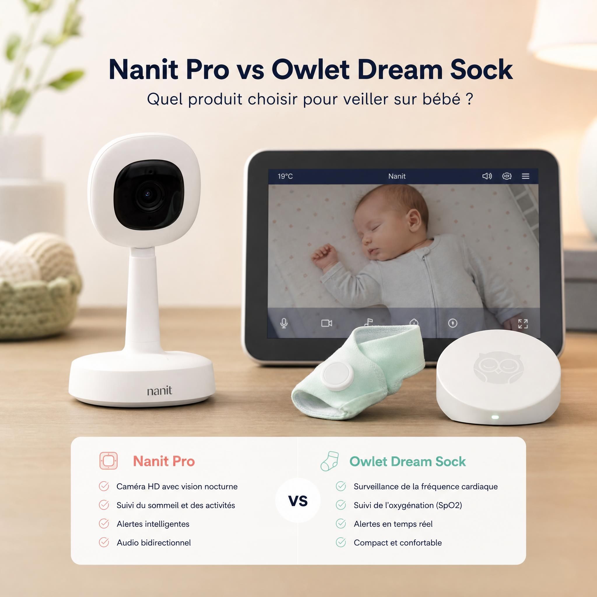 Comparatif babyphone Nanit Pro et Owlet Dream Sock posés sur une table avec écran de surveillance