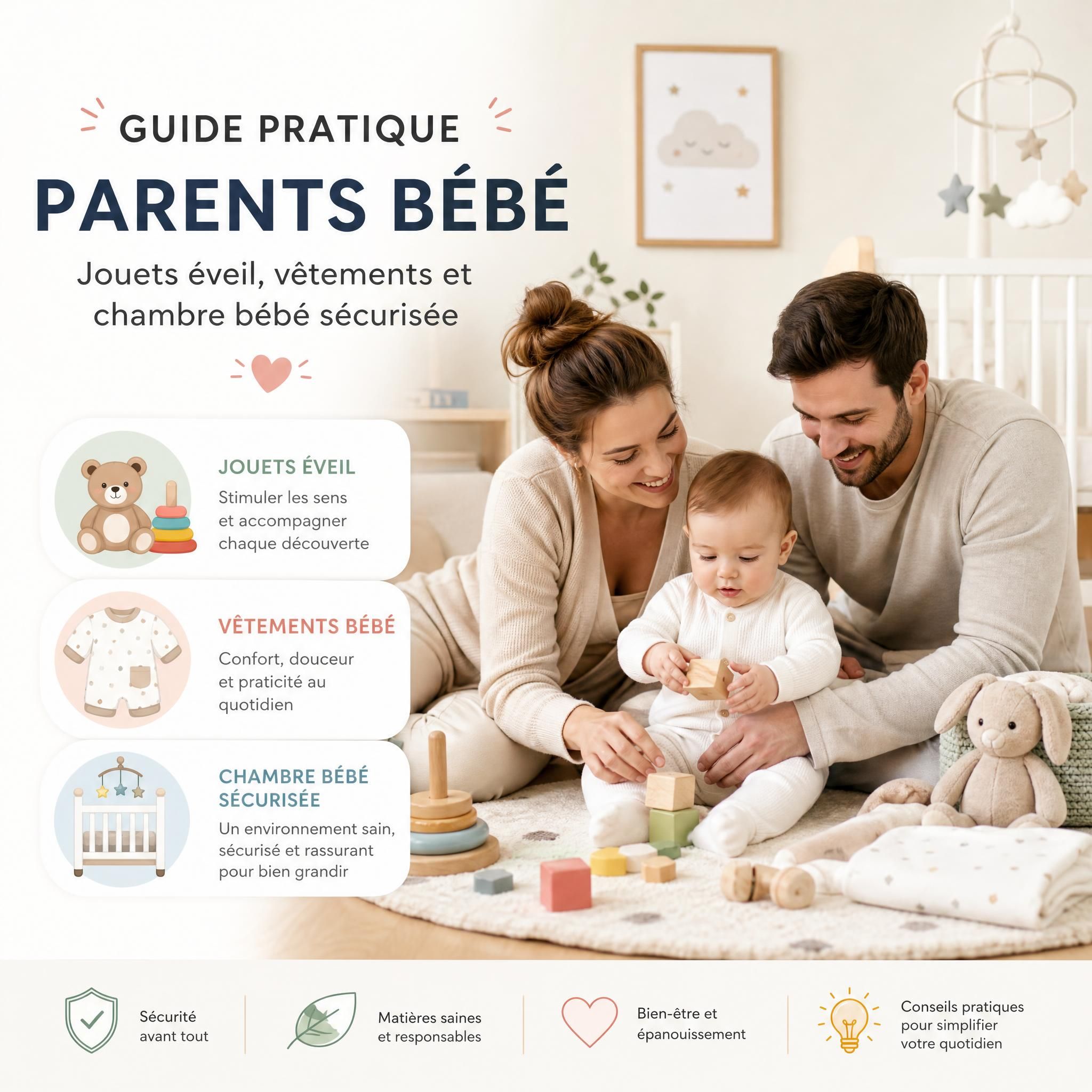 Guide pratique parents bébé - jouets éveil, vêtements et chambre bébé sécurisée