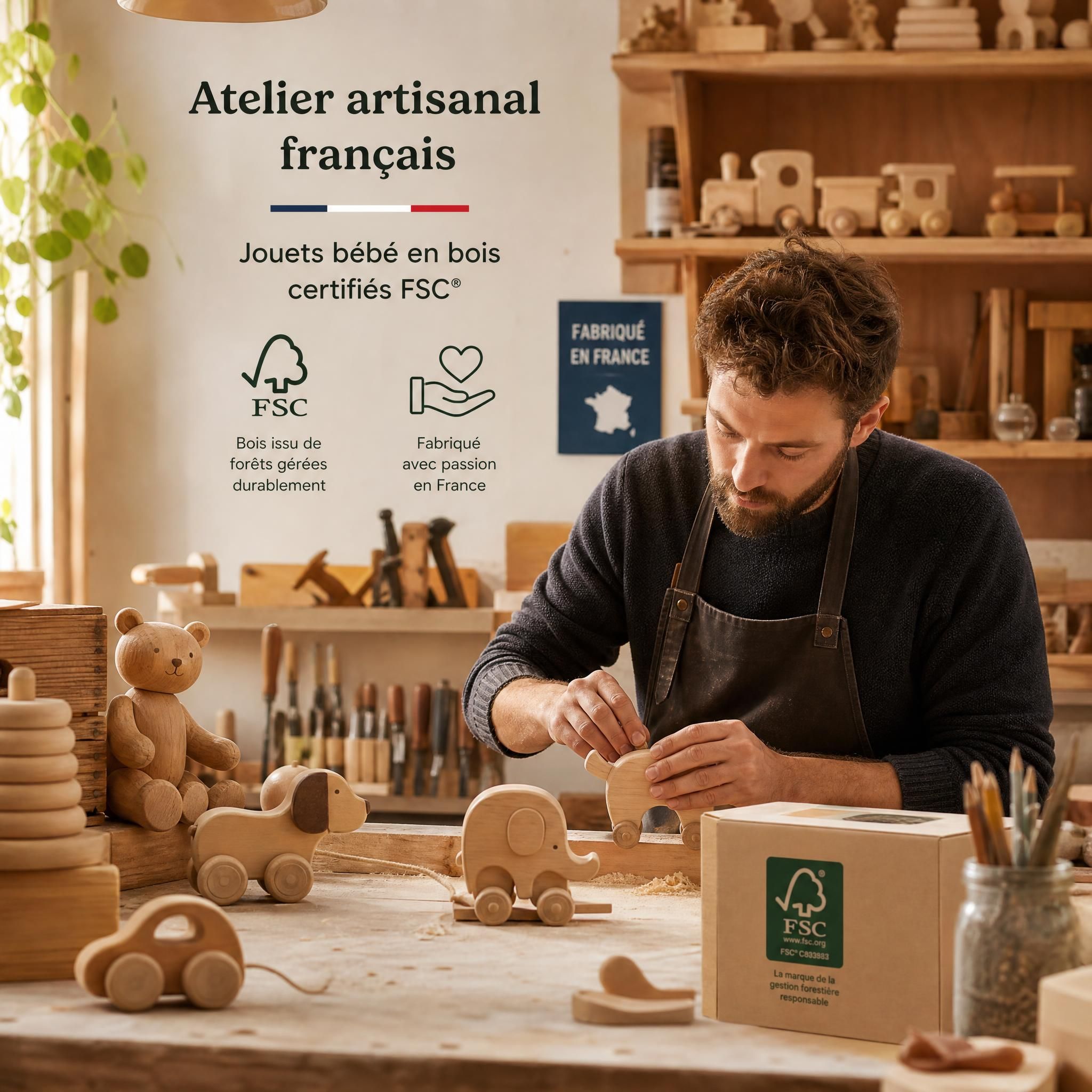 Atelier artisanal français de fabrication de jouets bébé en bois certifié FSC, ambiance chaleureuse et artisanale