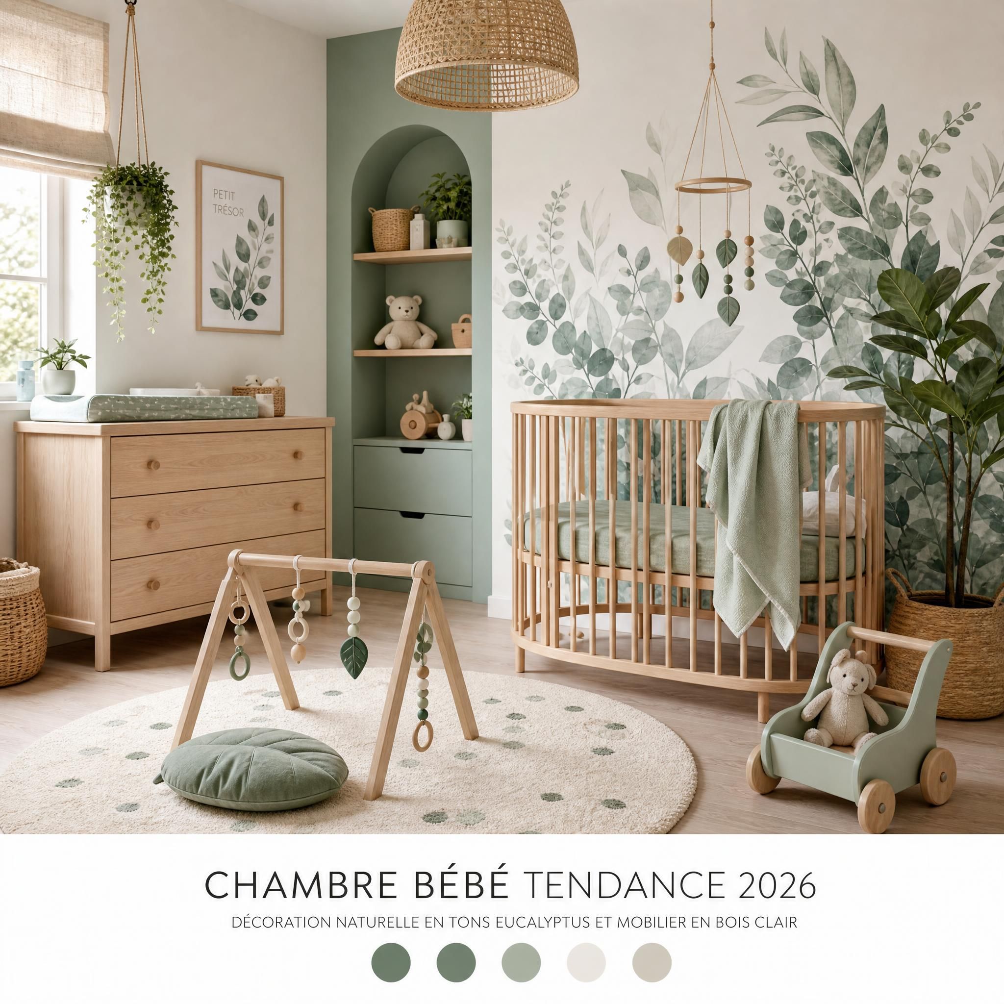 Chambre bébé tendance 2026 avec décoration naturelle en tons eucalyptus et mobilier en bois clair