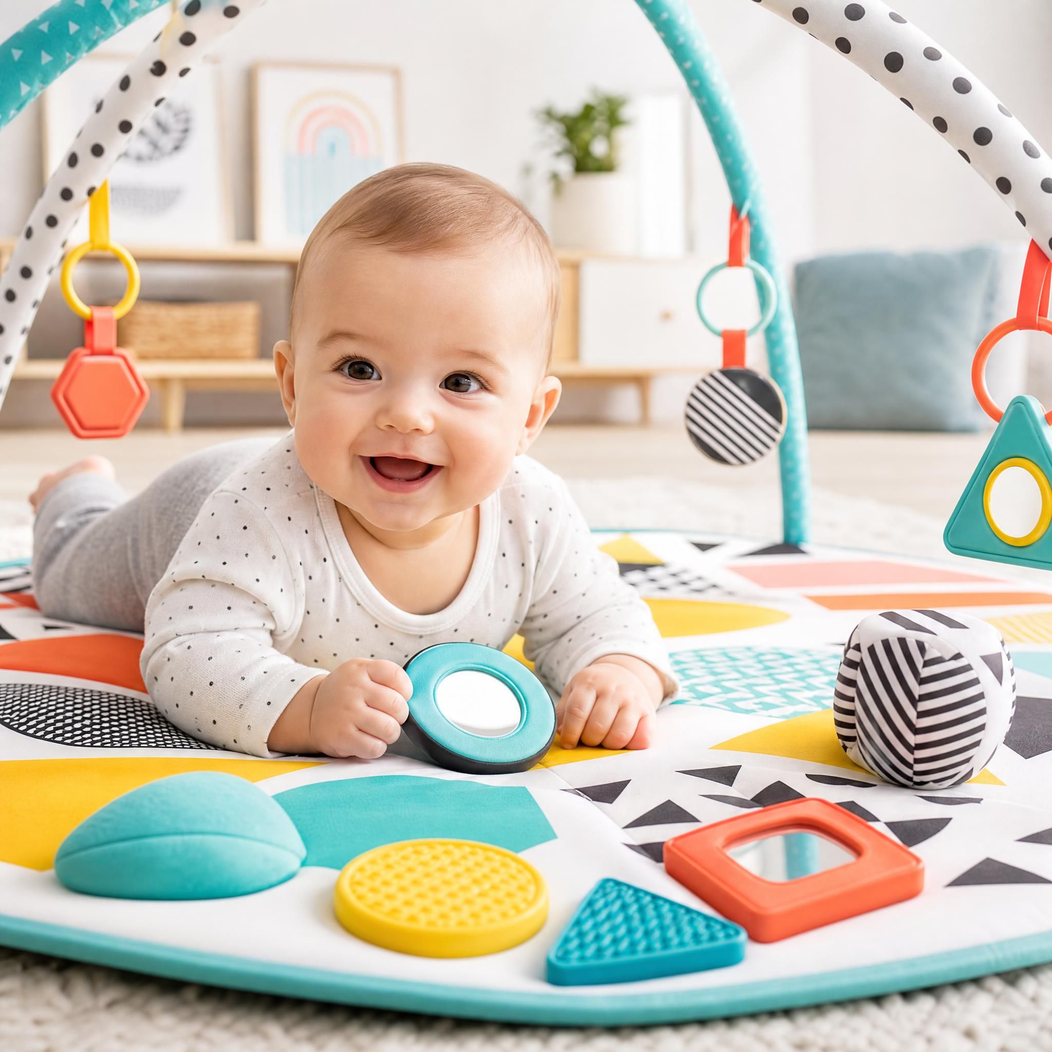 Bébé de 6 mois souriant en jouant avec un tapis d'éveil coloré aux formes géométriques stimulantes